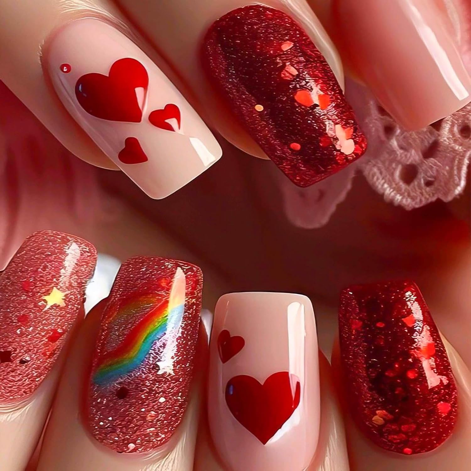 RUOKEXIN Heart Press On Nails Medium Square Fake Nails Glitter Glossy Acrylic False Nails with Rhinestones Designs Ombre Pink Full Cover Press Ons Fall Winter Holiday Stick on Nails for Women 24Pcs : Beauty & Personal Care