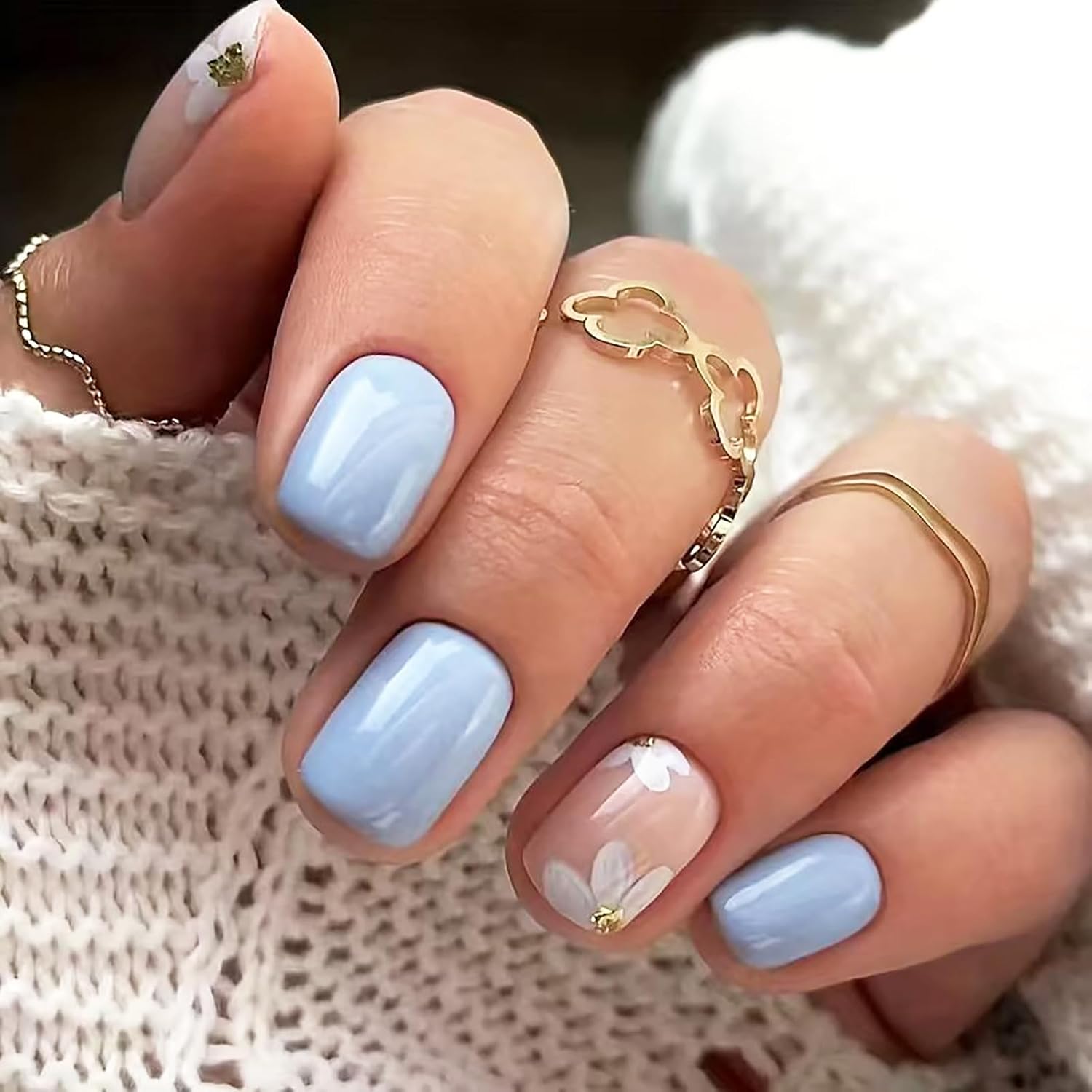 24Pcs Colorful Flower Press-On Nails - Short. Square. Fake. Spring-Summer Nail Art Set. Light Pink Acrylic. Full Cover Glossy False Nails for Women & Girls : Beauty & Personal Care