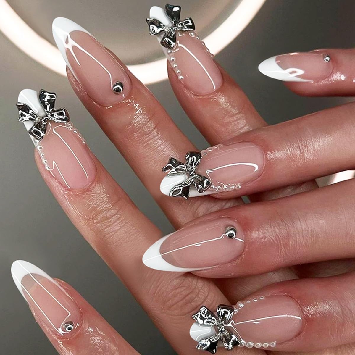 CTTHNBD Press on Nails Almond - French Tip Fake Nails with Gold Line Design - Medium Fasle Nails Press ons - for Women 24 Pcs : Beauty & Personal Care