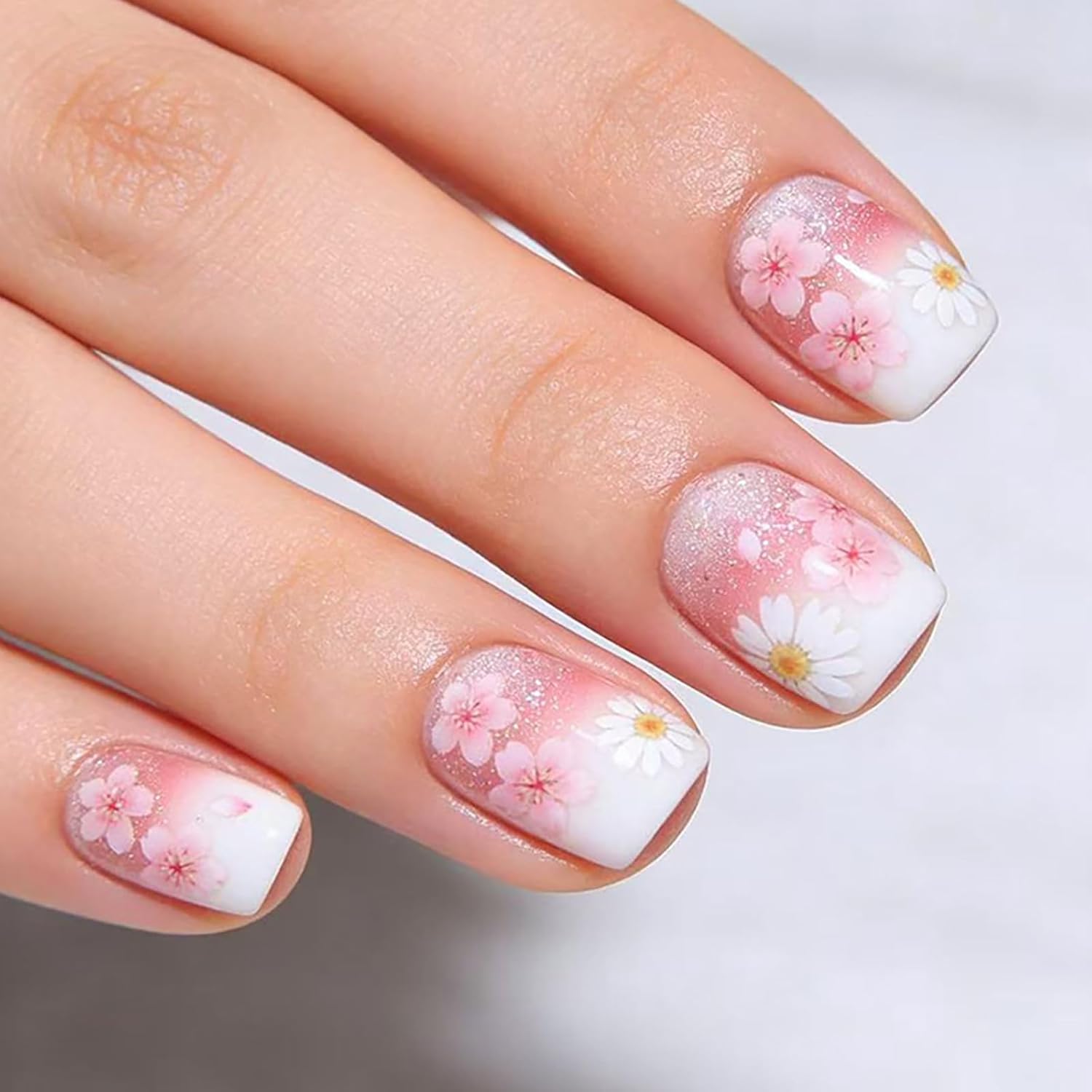 24Pcs Colorful Flower Press-On Nails - Short. Square. Fake. Spring-Summer Nail Art Set. Light Pink Acrylic. Full Cover Glossy False Nails for Women & Girls : Beauty & Personal Care
