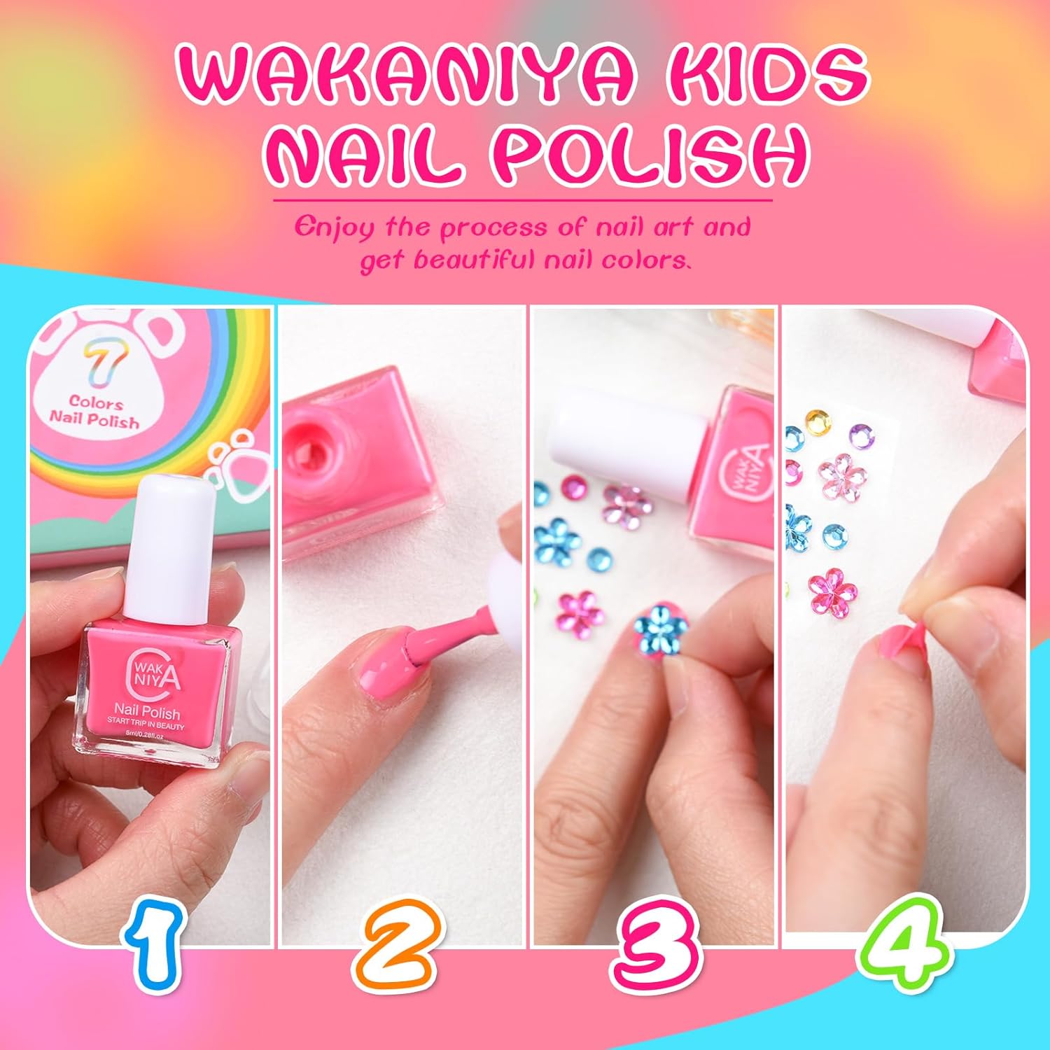 wakaniya Kids Non Toxic Nail Polish Set for Girls with Gems Nail Stickers. 7 Color Peel-Off Low Odor Nail Polish for Toddler : Beauty & Personal Care