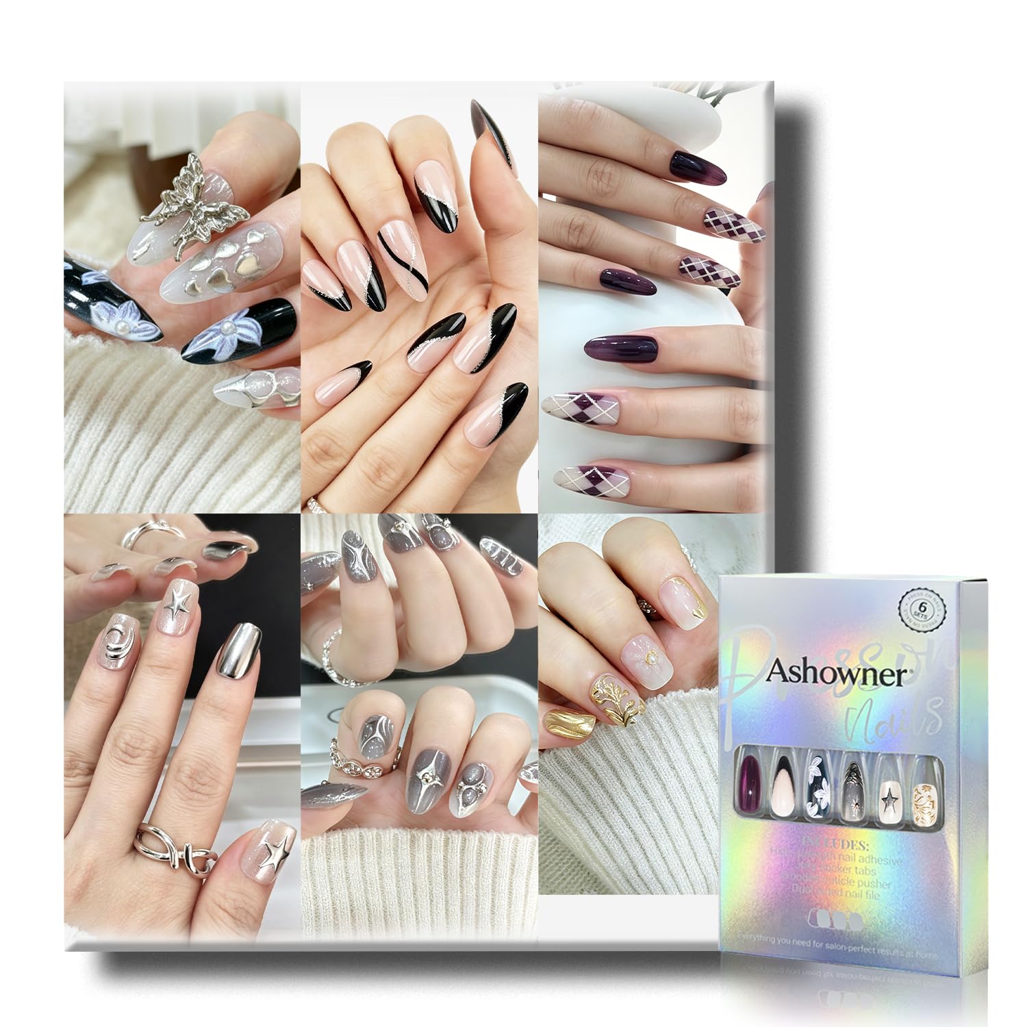 6 Packs (144 Pcs) | Reusable Press on Nails | Stick on Nails 12 Sizes-6 Styles | Cute Bow Nails : Beauty & Personal Care