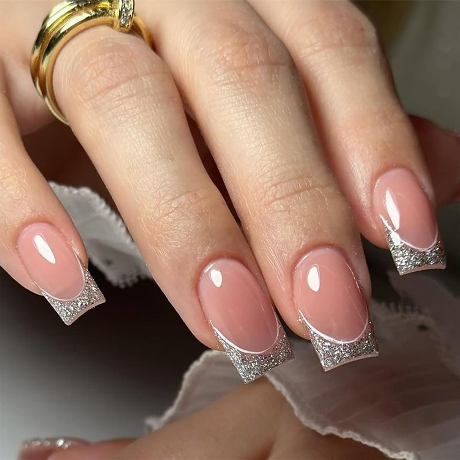 DZPGUONIZ 24pcs Short Square Press on Nails French Tip Fake Nails White Flower with Star Design Glitter False Nails Luxury Nail Charms Crafts White Stripes Glue on Nails for Women Manicure Tips : Beauty & Personal Care
