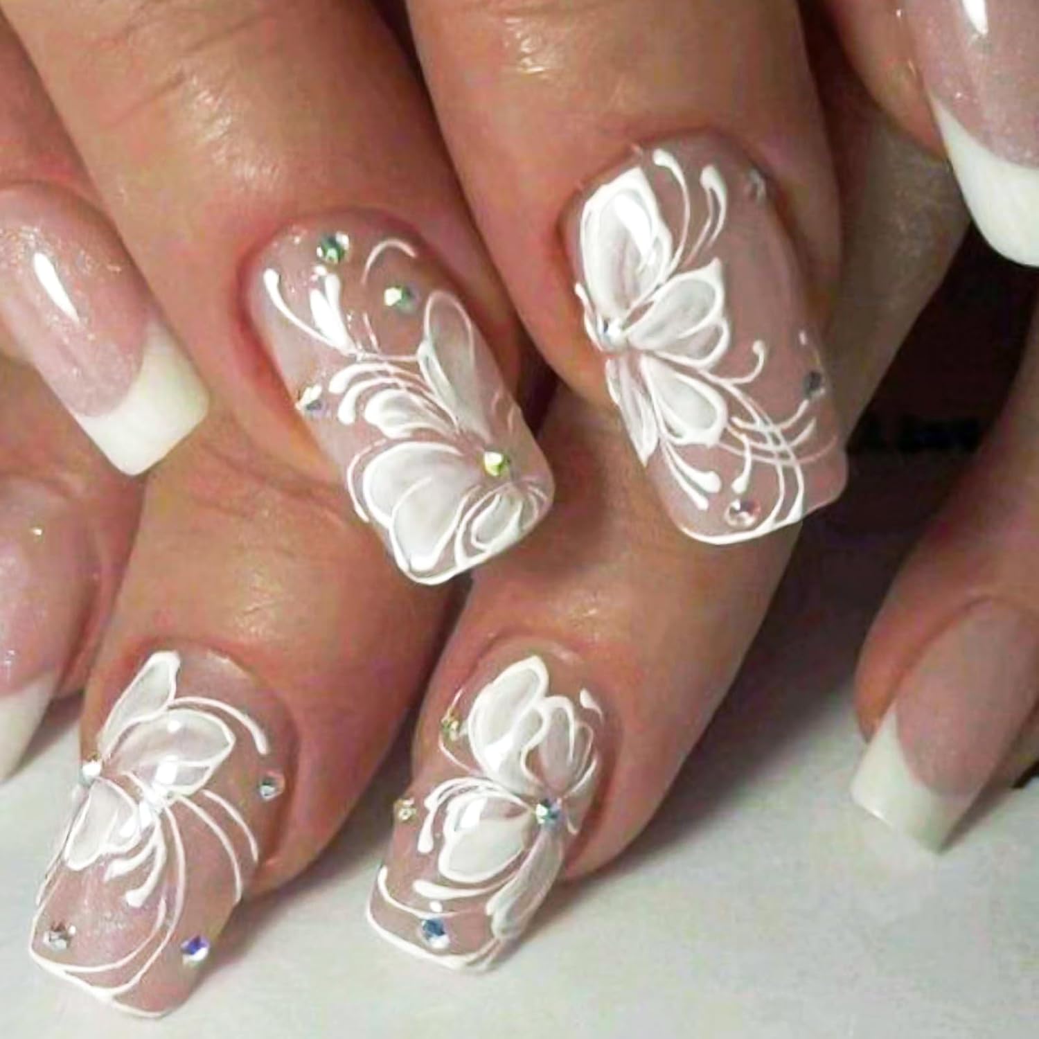 YOSOMMK Press on Nails Short Square Fake Nails with Flower Designs Nude Pink Glossy Full Cover Stick on Nail Bling Sequins Acylic Nail for Women and Girls : Beauty & Personal Care
