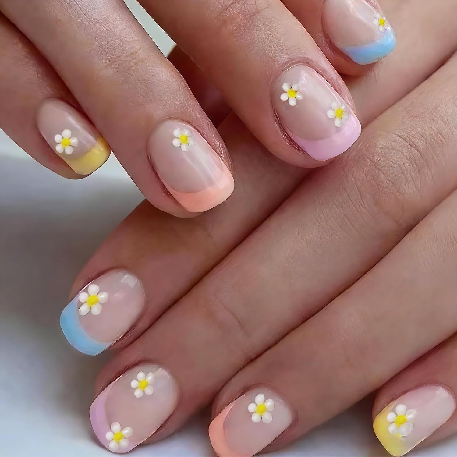 YOSOMMK Press on Nails Short Square Fake Nails with Flower Designs Nude Pink Glossy Full Cover Stick on Nail Bling Sequins Acylic Nail for Women and Girls : Beauty & Personal Care