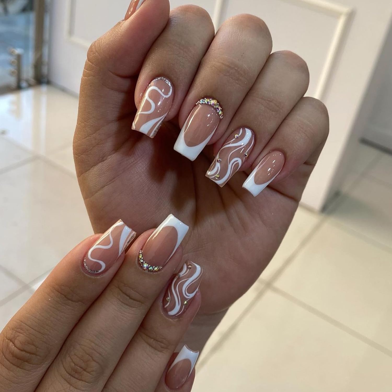 YKZFUI French Tip Press on Nails with Charms. Medium. Cute Bow. Long Square Shape. Acrylic Fake Stick On Nails with Heart and Rhinestones for Women Daily Wear. White : Beauty & Personal Care