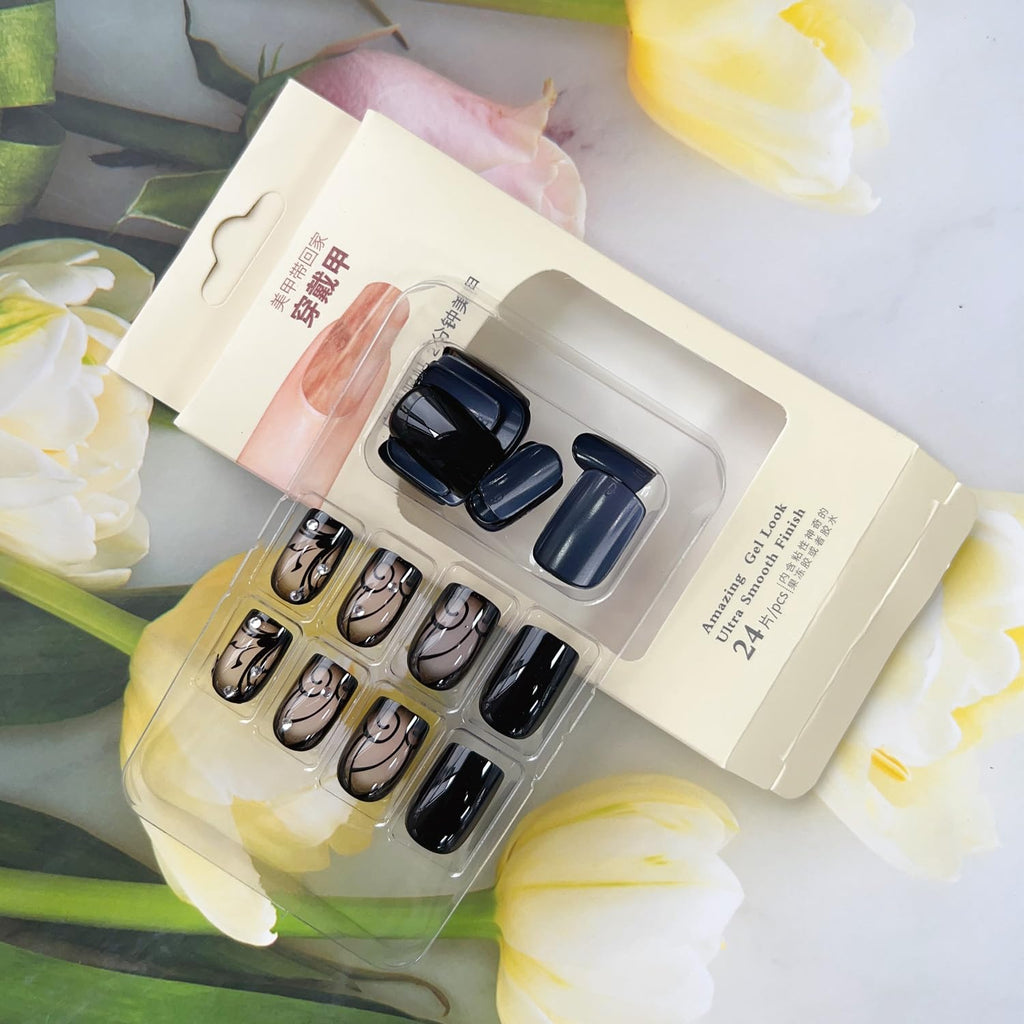 OHWODA Black Press on Nails Short Square Fake Nails Black Vine Acrylic Glue on Nails Full Cover Glossy Nails Press ons Short Stick on Nails Summer Artificial Nails for Women Girls - 24Pcs : Beauty & Personal Care