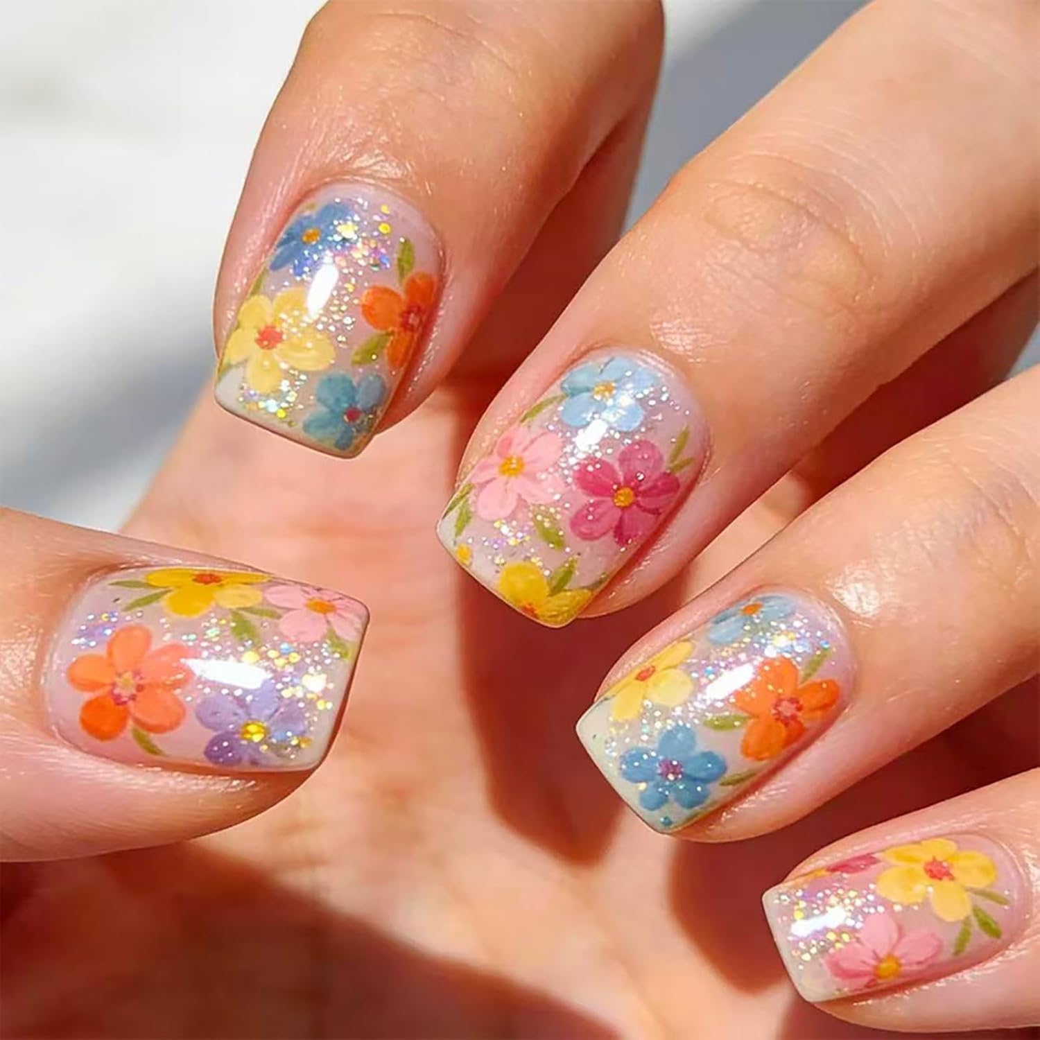 24Pcs Colorful Flower Press-On Nails - Short. Square. Fake. Spring-Summer Nail Art Set. Light Pink Acrylic. Full Cover Glossy False Nails for Women & Girls : Beauty & Personal Care
