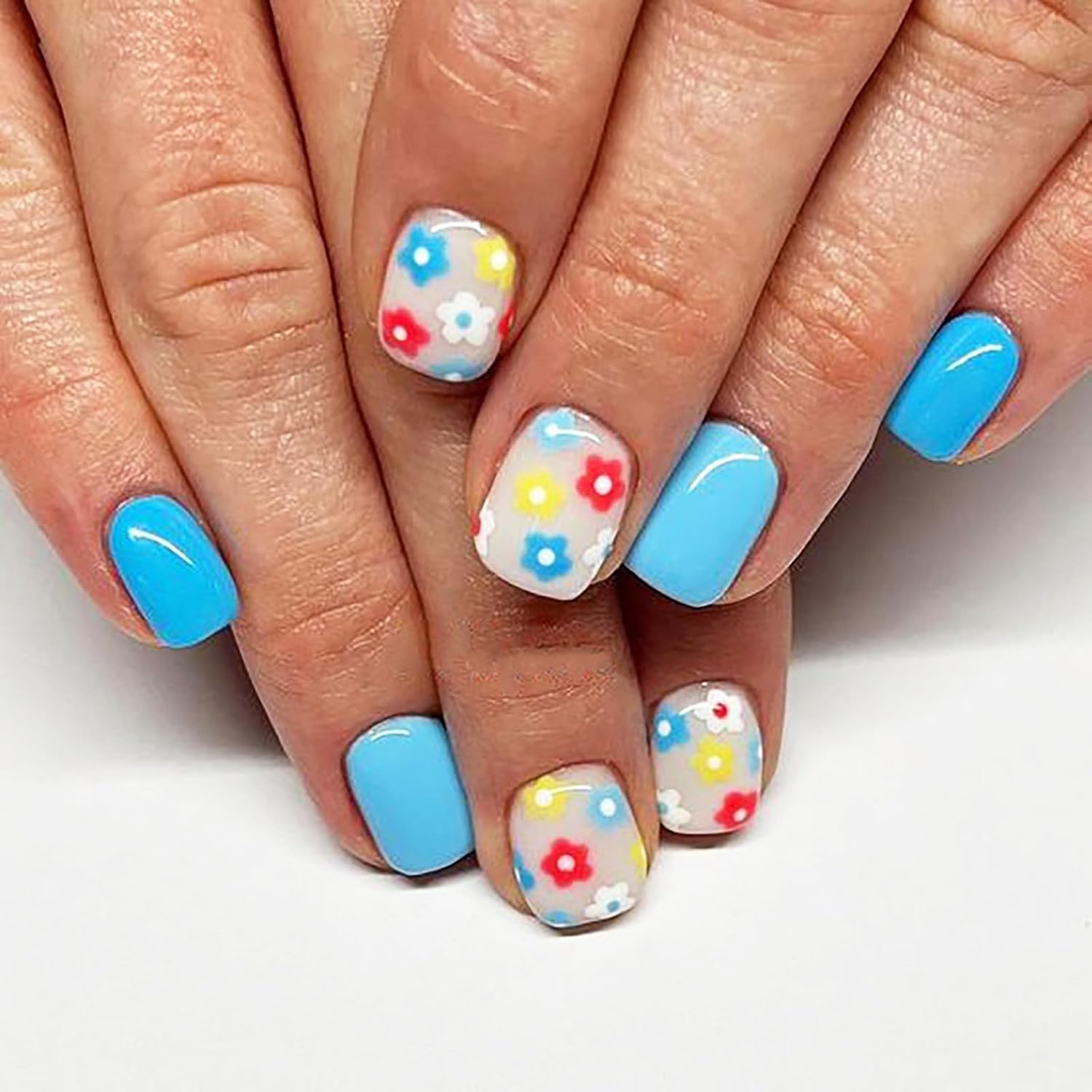 24Pcs Colorful Flower Press-On Nails - Short. Square. Fake. Spring-Summer Nail Art Set. Light Pink Acrylic. Full Cover Glossy False Nails for Women & Girls : Beauty & Personal Care