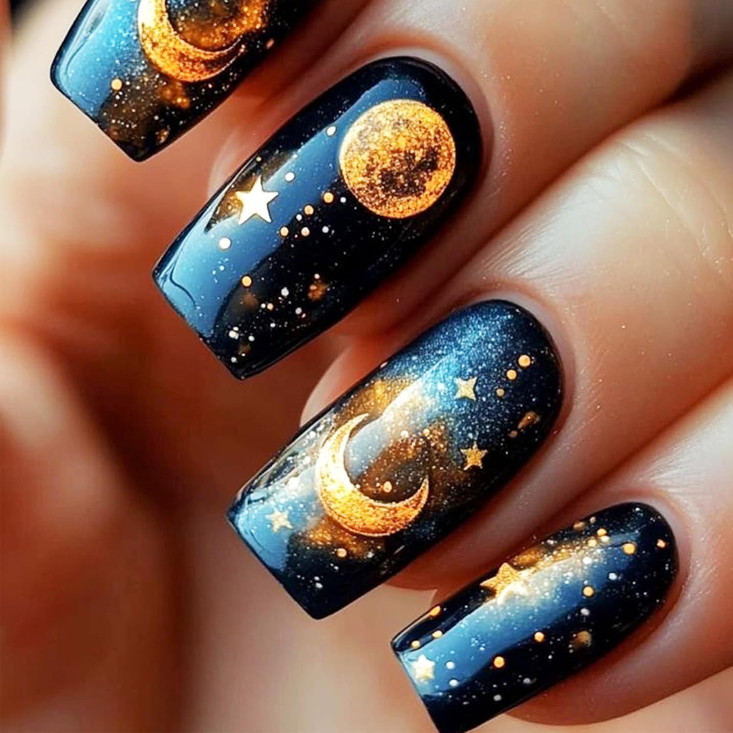 24Pcs Gold Curve Line Press on Nails Sea Acrylic Fake Nail Glossy Blue Gradient Medium Square False Nails Love Heart Stick on Fingernails Seaweed Gel Glue on Nail for Coquette Women Girls : Beauty & Personal Care
