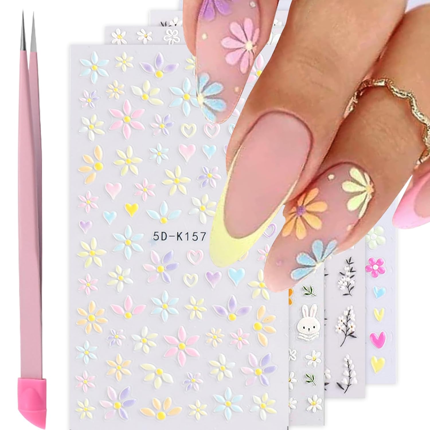 VOTACOS Flower Nail Art Stickers - 5D Embossed. Spring/Summer Daisy Designs. Self-Adhesive Decals for Women's Nail DIY Decoration : Beauty & Personal Care