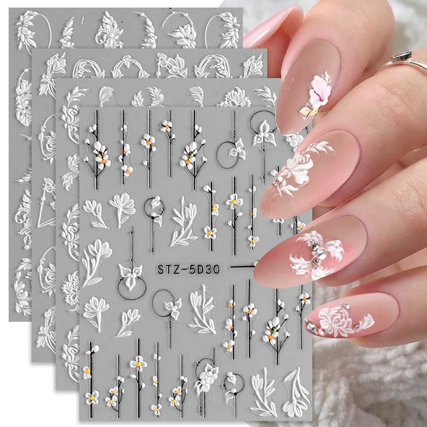 5D Spring Embossed Flower Nail Art Stickers 4 Sheets JMEOWIO Real Self-Adhesive Decals Floral Design Nail Decoration for Women Girls : Beauty & Personal Care