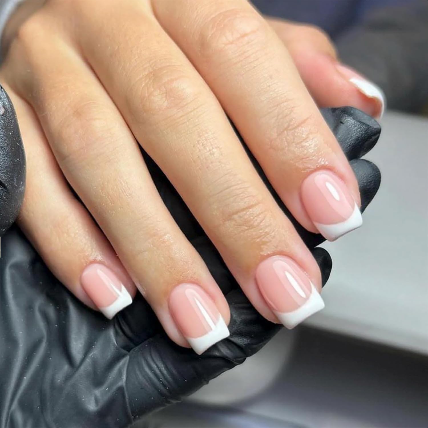 DZPGUONIZ 24pcs Short Square Press on Nails French Tip Fake Nails White Flower with Star Design Glitter False Nails Luxury Nail Charms Crafts White Stripes Glue on Nails for Women Manicure Tips : Beauty & Personal Care