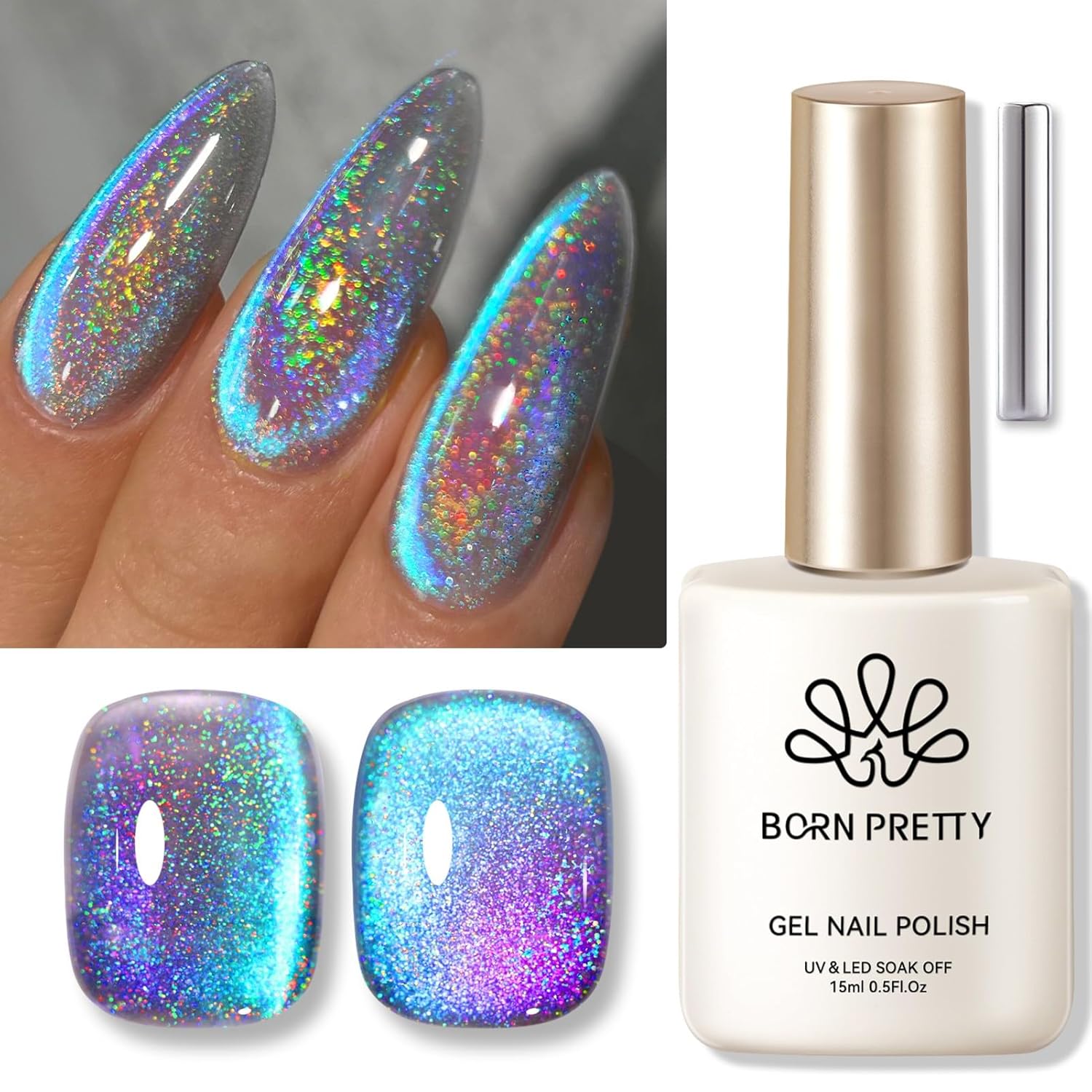 Born Pretty 9D Cat Magnetic Eye Gel Nail Polish Holographic Rainbow Gel Polish Blue Purple Soak Off U V LED Gel Polish Nail Art Design Manicure Salon DIY Home 15ML : Beauty & Personal Care