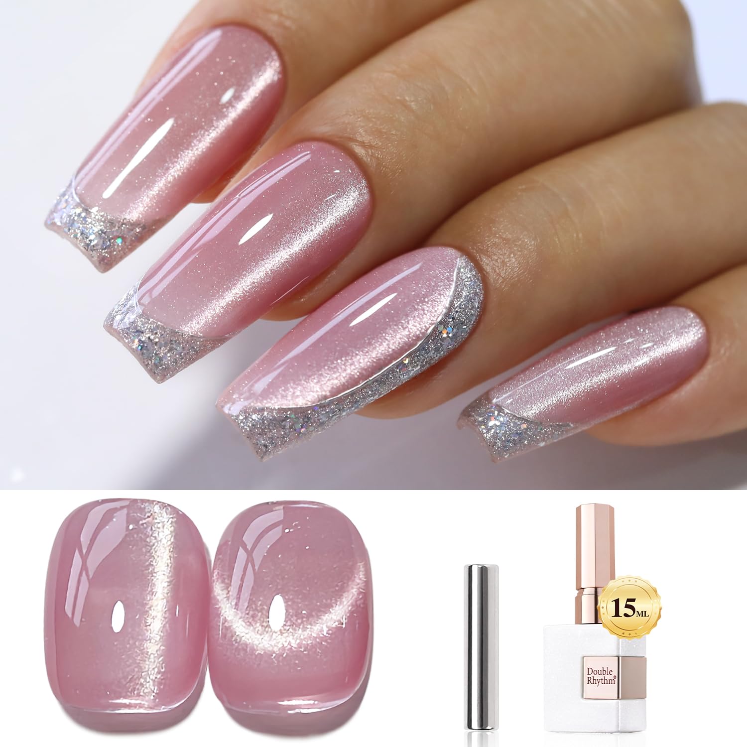 Double Rhythm 0.5 OZ Cat Eye Gel Polish with Magnet 15ML Holographic Glitter Shimmer Translucent Jelly Color Magnetic Polish Salon DIY at Home (Silver-MC1019) : Beauty & Personal Care