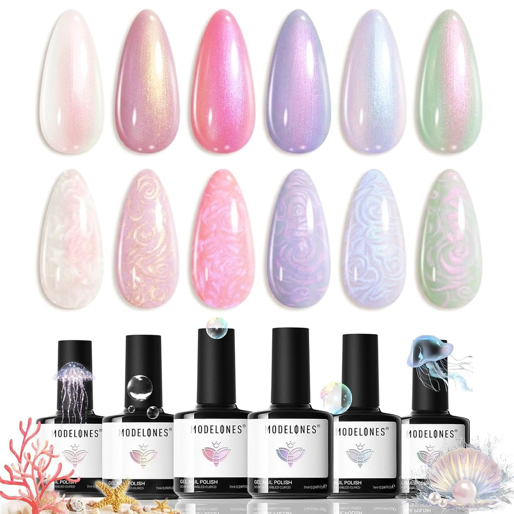 modelones Pearl Gel Nail Polish Set. 6 Colors 2026 Spring Summer Aurora Iridescent Shimmer White Pink Purple Blue Mermaid Nail Glitter Gel Polish LED Swirl Shell Effect with Dotting Pen DIY Gift : Beauty & Personal Care