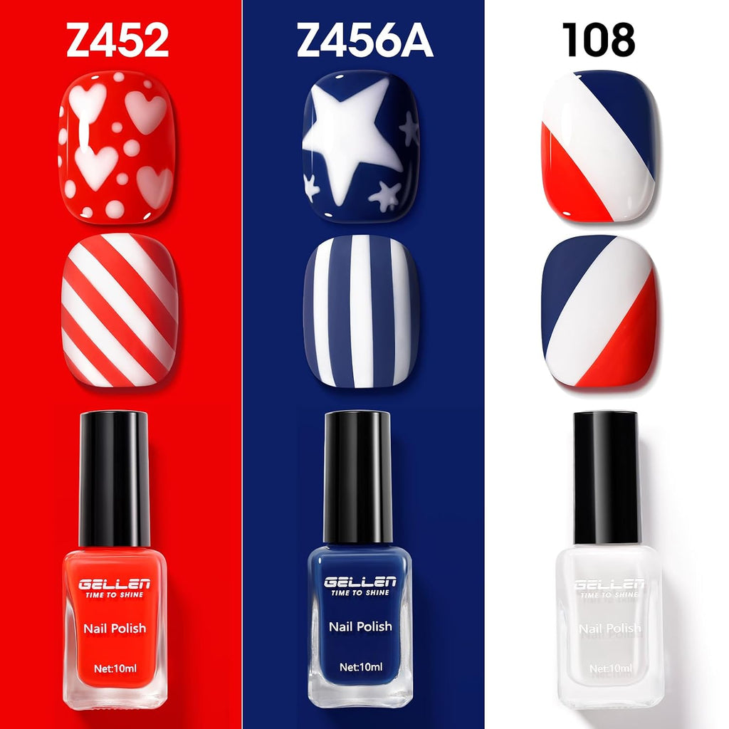 GELLEN 4th of July Nail Polish Blue Red White Summer. No Lamp Needed | Quick Air Dry. Toxin HEMA Free. High Pigment. For Finger Toe Nails Home Salon : Beauty & Personal Care