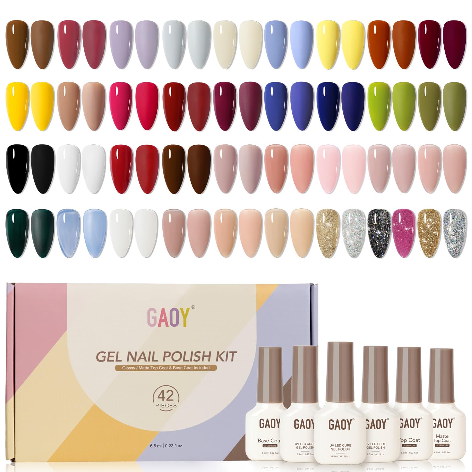 GAOY 42 Pcs Gel Nail Polish Kit. Pink White Red Jelly Nude Colors All Seasons Gel Nail Polish Set with Glossy & Matte Top Coat and Base Coat for DIY Manicure at Home : Beauty & Personal Care