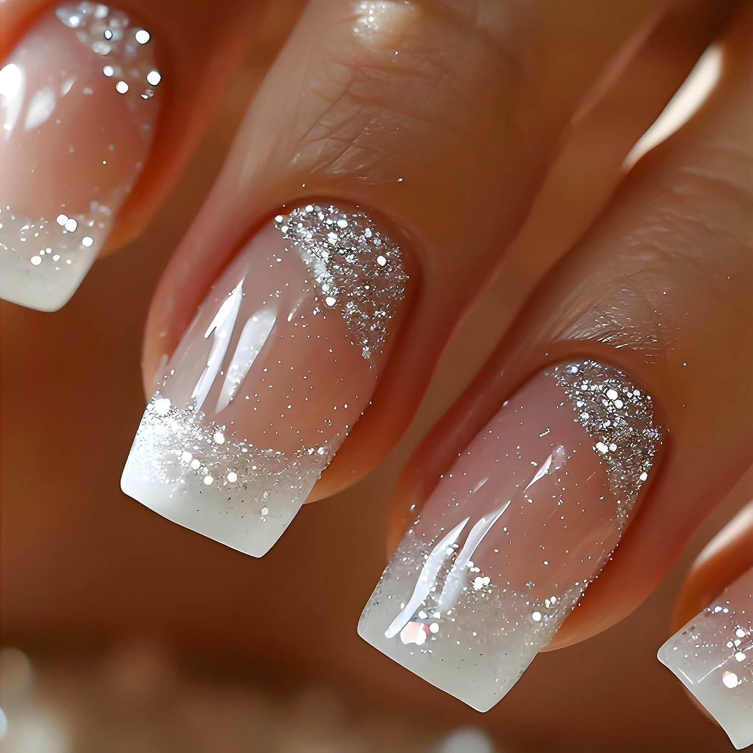 RUOKEXIN Heart Press On Nails Medium Square Fake Nails Glitter Glossy Acrylic False Nails with Rhinestones Designs Ombre Pink Full Cover Press Ons Fall Winter Holiday Stick on Nails for Women 24Pcs : Beauty & Personal Care