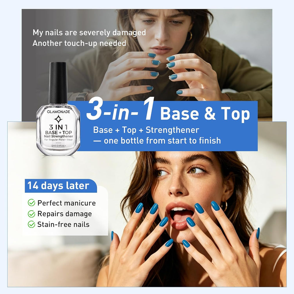 Glamonade 3-In-1 Clear Nail Polish: Quick Dry Top Coat Prevent Staining Base Coat & Nail Strengthener. High Gloss Long Lasting No Chip Shield. Nail Hardener for Weak Nails. DIY Manicure for Women 12ml : Beauty & Personal Care