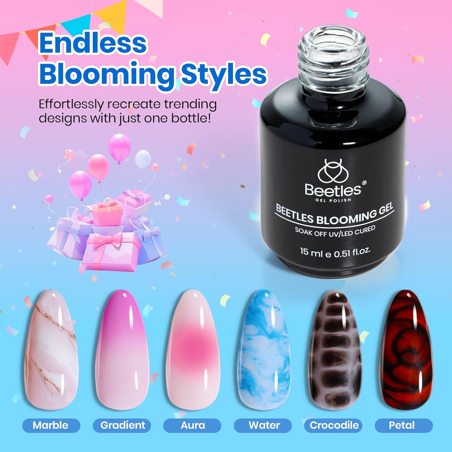Beetles Blooming Gel. 15ml Clear UV LED Nail Art Gel Polish for Aura Nails. Marble. Natural Stone. Watercolor and Floral Print Spreading Effects. Soak Off DIY Manicure Design : Beauty & Personal Care
