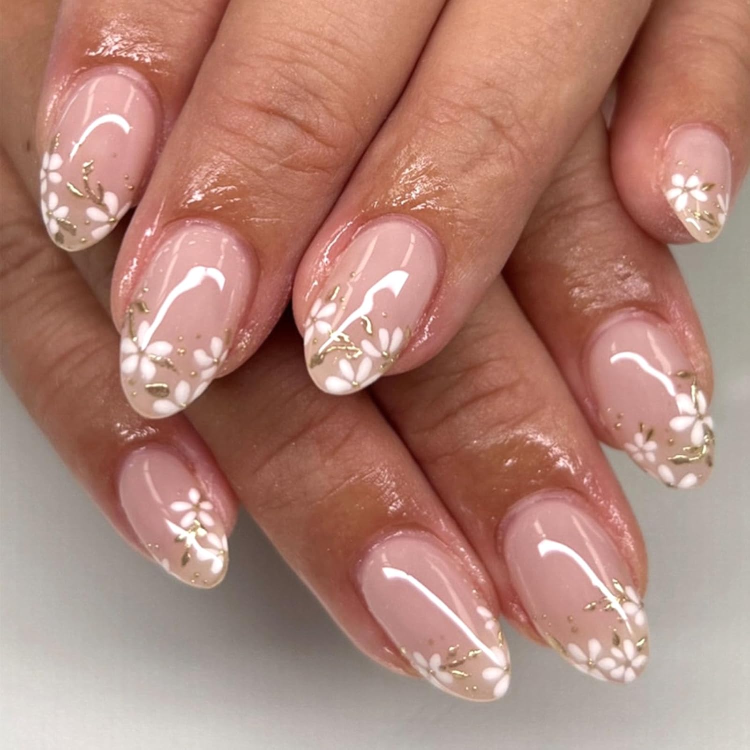 Short Press On Almond Fake Nails - Flower Acrylic Fall Nails Press Ons Full Cover Glue On Cute False Floral Stick On Nails for Women - 30 Pcs : Beauty & Personal Care