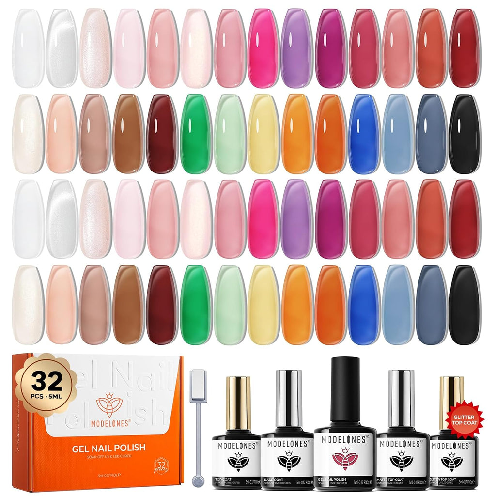 modelones 32 PCS Gel Nail Polish Set. 28 Colors Gel Polish with No Wipe Base Coat. Glitter & Glossy & Matte Top Coat Black Brown Red Purple Soak Off LED Nail Art Kit Salon at Home : Beauty & Personal Care