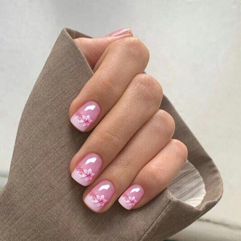 YOSOMMK Press on Nails Short Square Fake Nails with Flower Designs Nude Pink Glossy Full Cover Stick on Nail Bling Sequins Acylic Nail for Women and Girls : Beauty & Personal Care
