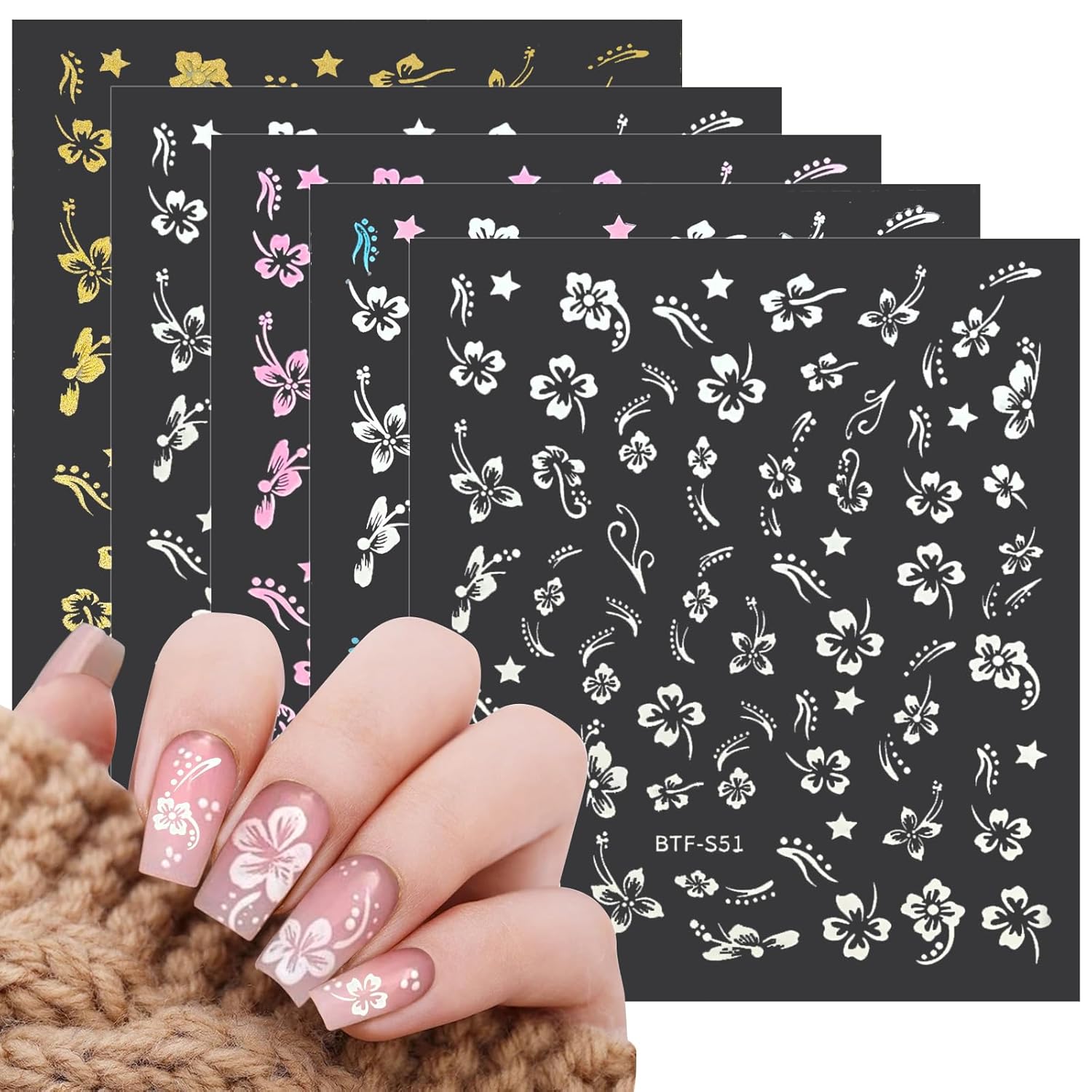 MUIIGOOD Flower Nail Stickers 10 Sheets Hibiscus Nail Decals White Pink Golden Clear Silver Decals Nail Art Decorations Nail Decals Nail Art Supplies Nail Designs for Women Manicure Tips : Beauty & Personal Care