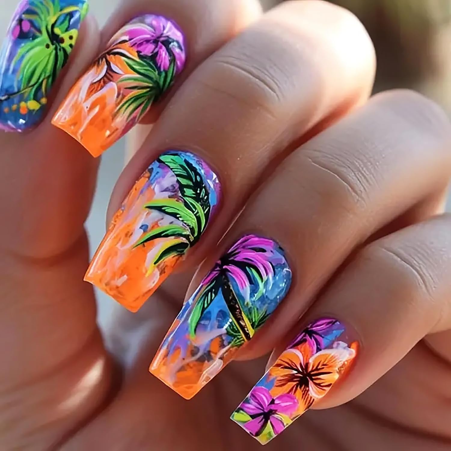 24Pcs Colorful Flower Press-On Nails - Short. Square. Fake. Spring-Summer Nail Art Set. Light Pink Acrylic. Full Cover Glossy False Nails for Women & Girls : Beauty & Personal Care