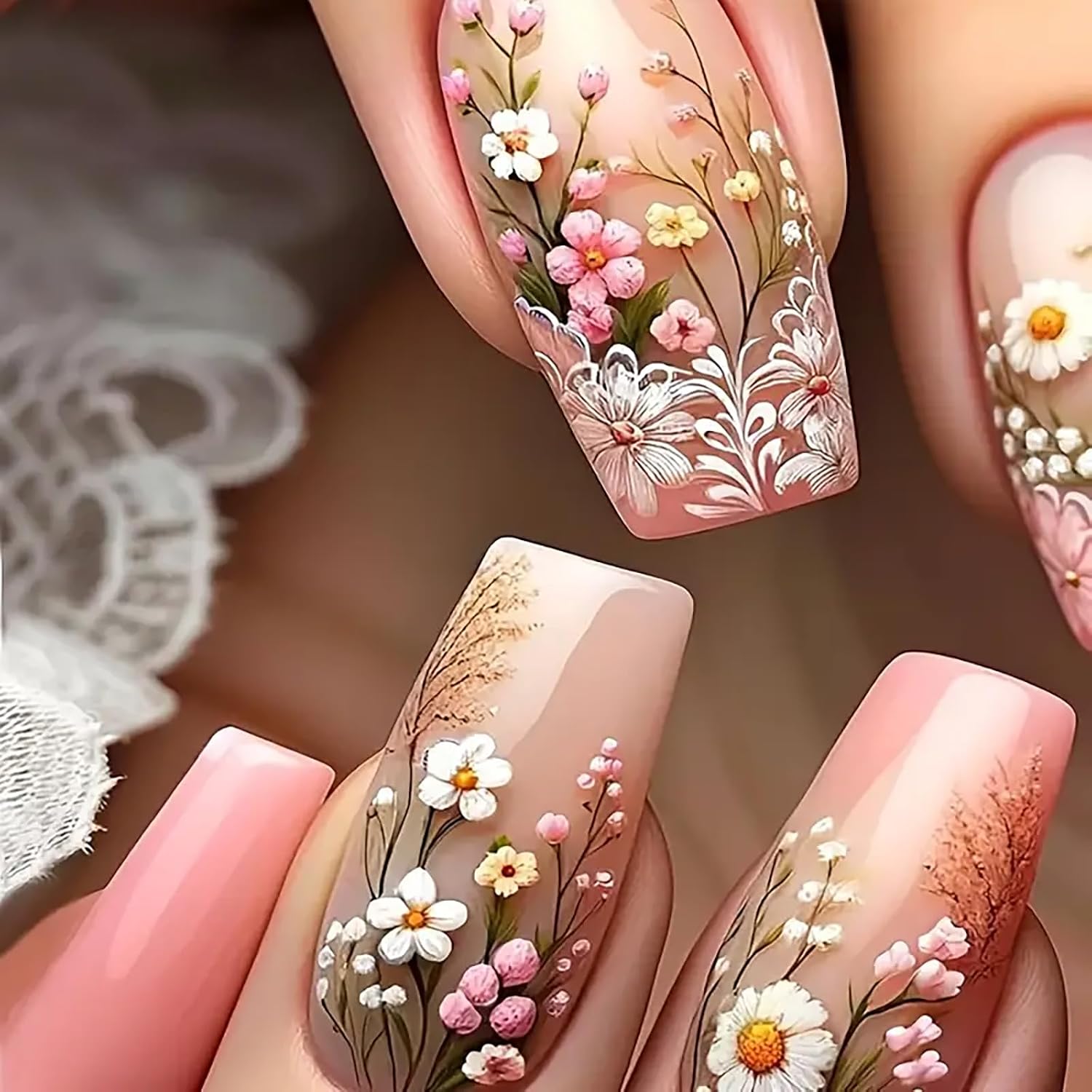 24Pcs Colorful Flower Press-On Nails - Short. Square. Fake. Spring-Summer Nail Art Set. Light Pink Acrylic. Full Cover Glossy False Nails for Women & Girls : Beauty & Personal Care