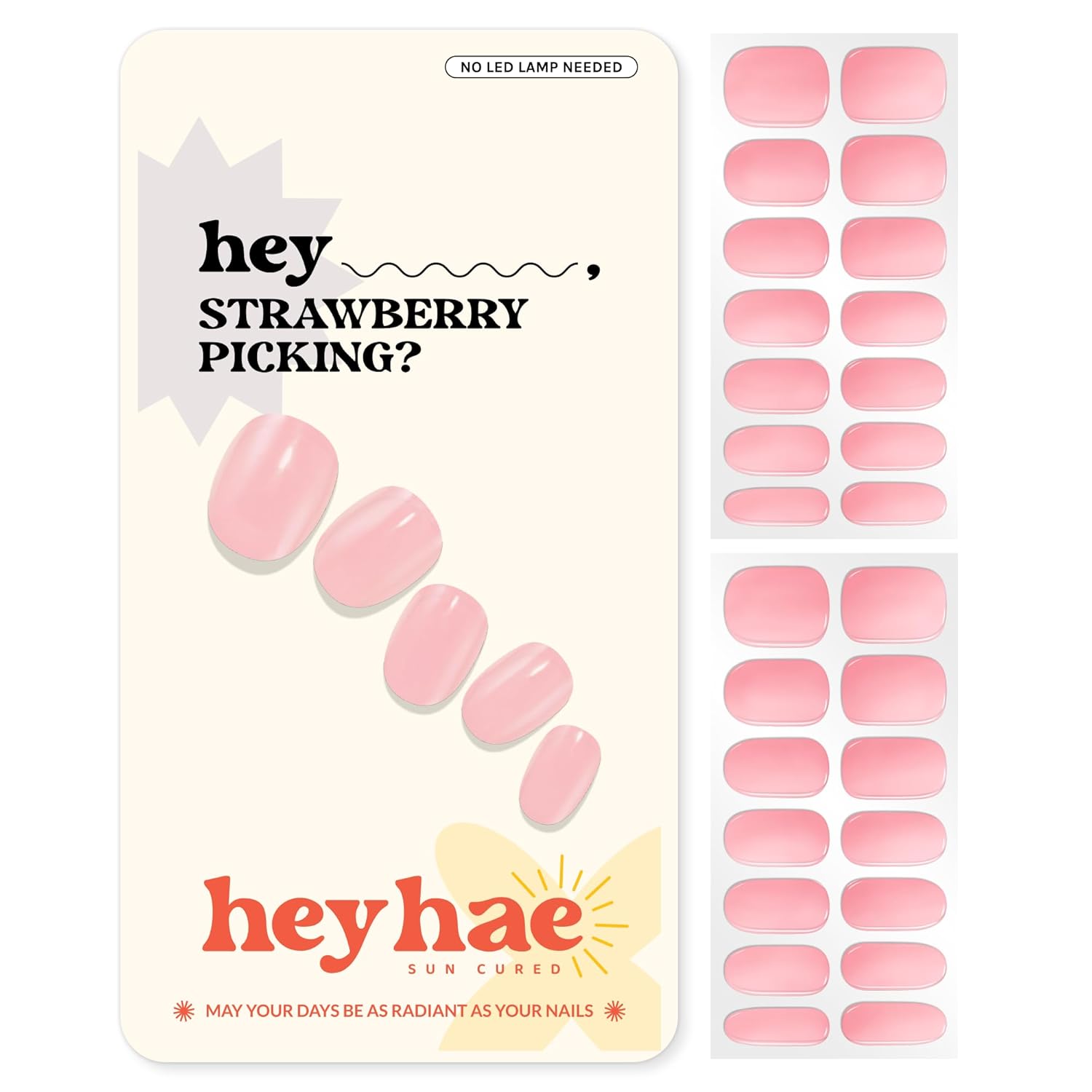 Heyhae Semi Cured Gel Nail Strips | No LED Lamp Needed | Solid. Pink. Spring | Easy Apply & Remove. Salon Quality | Includes 28 Strips. 1 Prep Pads. Nail File & Wooden stick - Hey. Strawberry Picking? : Beauty & Personal Care