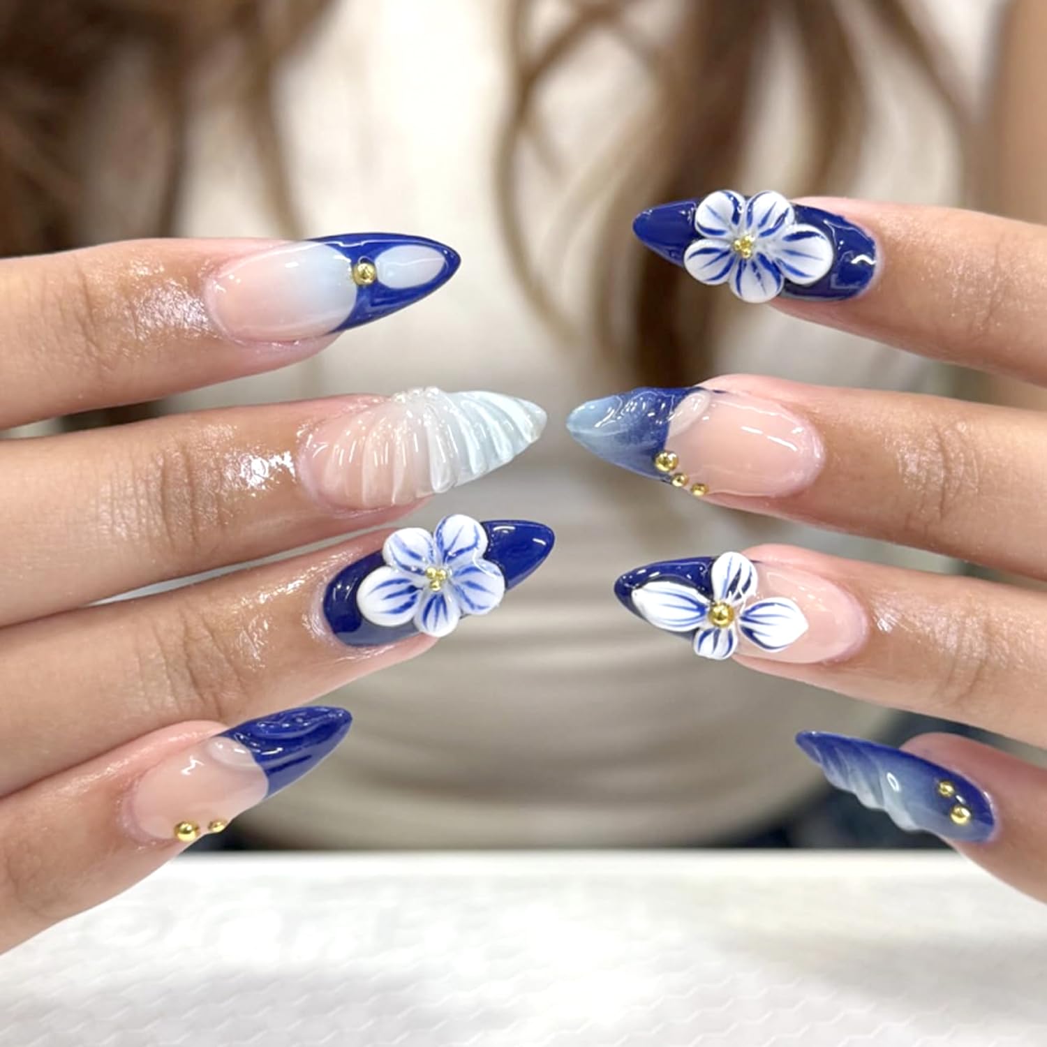 YKZFUI French Tip Press on Nails with Charms. Medium. Cute Bow. Long Square Shape. Acrylic Fake Stick On Nails with Heart and Rhinestones for Women Daily Wear. White : Beauty & Personal Care