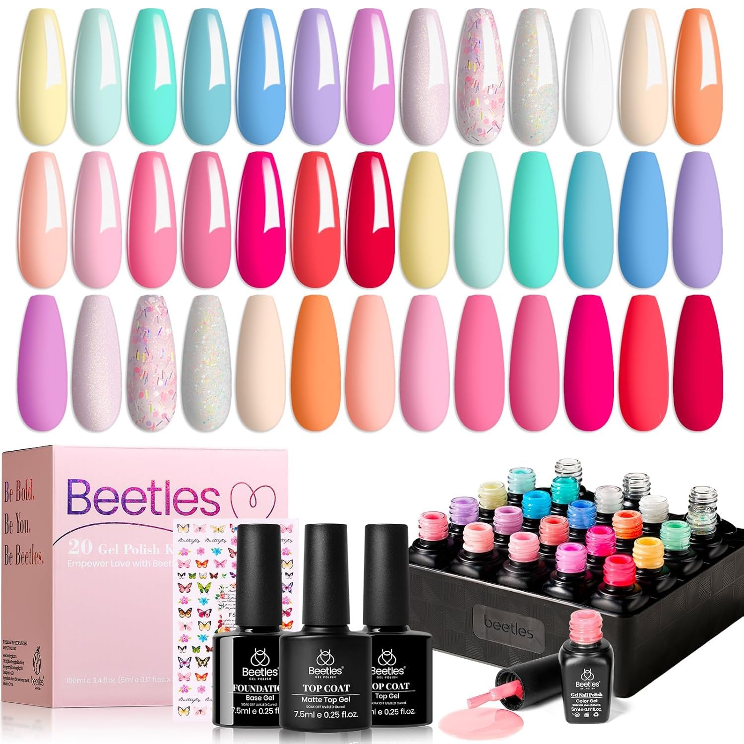 Beetles Summer Gel Polish Set - Fingertip Palette. 32 Colors Polish Set with Base Top Coat Pink Red Blue Purple Brown Yellow Green Black White UV LED Lamp Nails Gifts for Women : Beauty & Personal Care