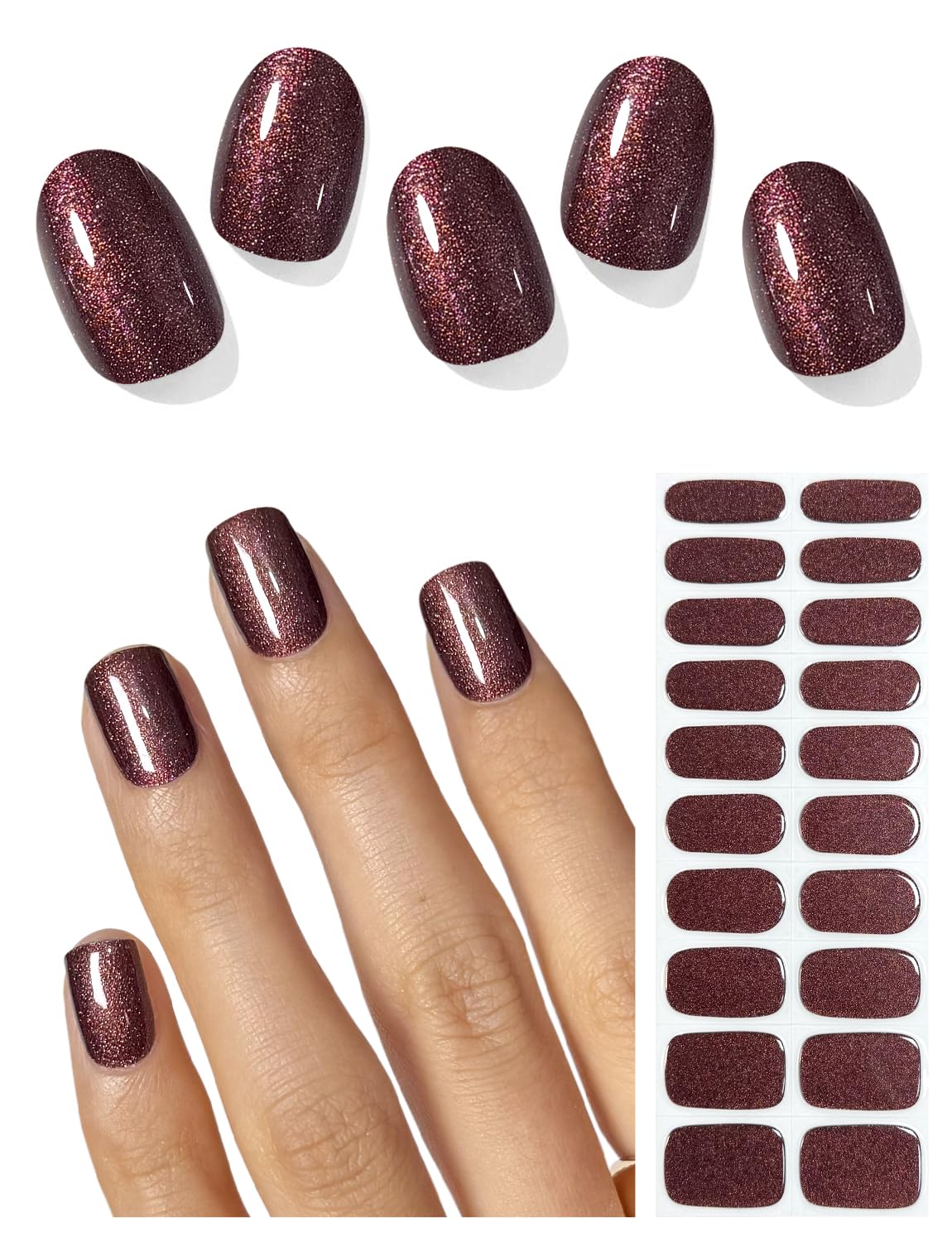 AutyaMee Semi Cured Gel Nail Strips (Deep Plum Cat Eye). Dark Purple. 20 Pcs Gel Nail Wraps. Stickers. UV Light Required. Salon Quality. Long Lasting : Beauty & Personal Care