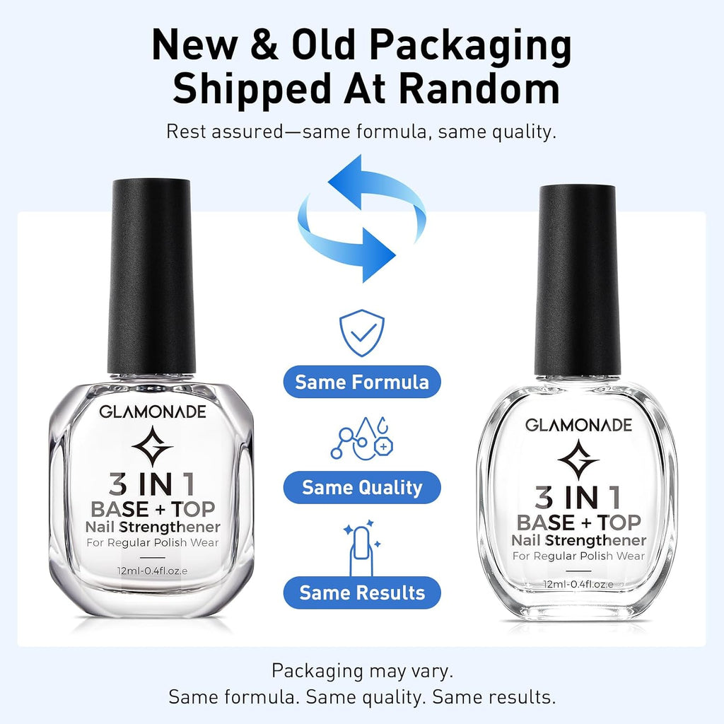 Glamonade 3-In-1 Clear Nail Polish: Quick Dry Top Coat Prevent Staining Base Coat & Nail Strengthener. High Gloss Long Lasting No Chip Shield. Nail Hardener for Weak Nails. DIY Manicure for Women 12ml : Beauty & Personal Care