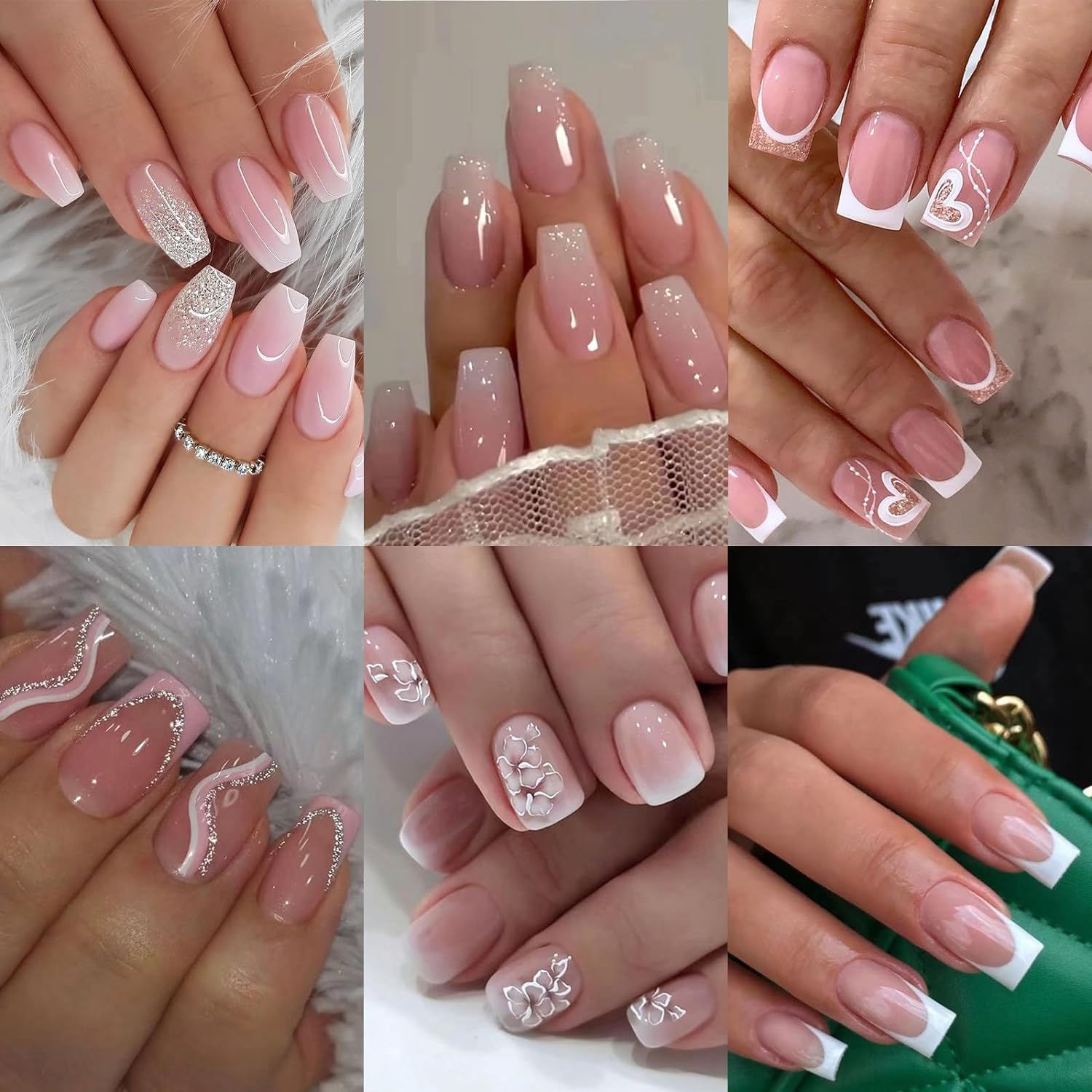6 Packs (144 Pcs) Press on Nails Medium - Jsiallye Pink Gradient Press on Nails Square Coffin. Glue on with Nail in 12 Sizes - 24 Fake Nails Kit. French Tip Stick on Nails for Women : Beauty & Personal Care