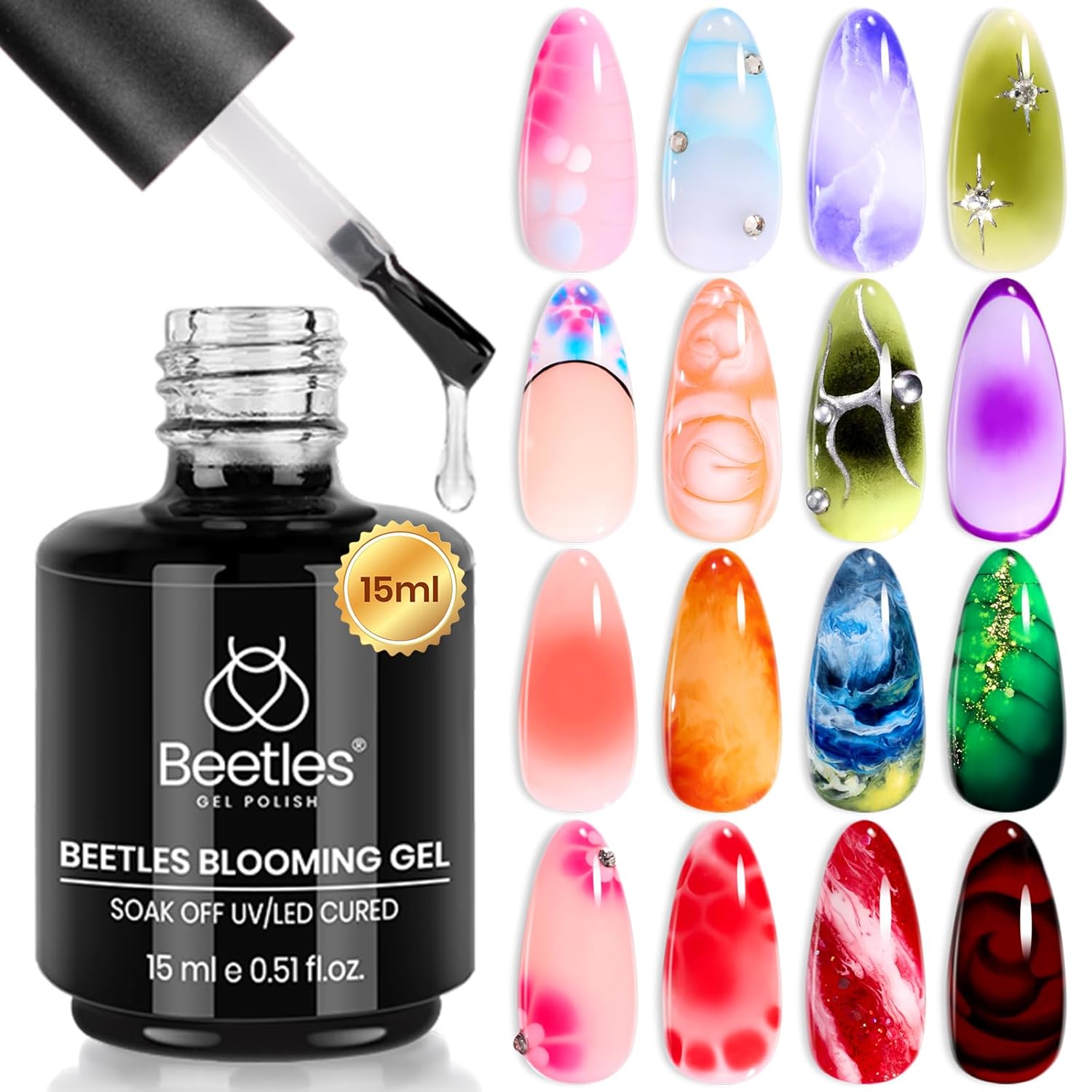Beetles Blooming Gel. 15ml Clear UV LED Nail Art Gel Polish for Aura Nails. Marble. Natural Stone. Watercolor and Floral Print Spreading Effects. Soak Off DIY Manicure Design : Beauty & Personal Care