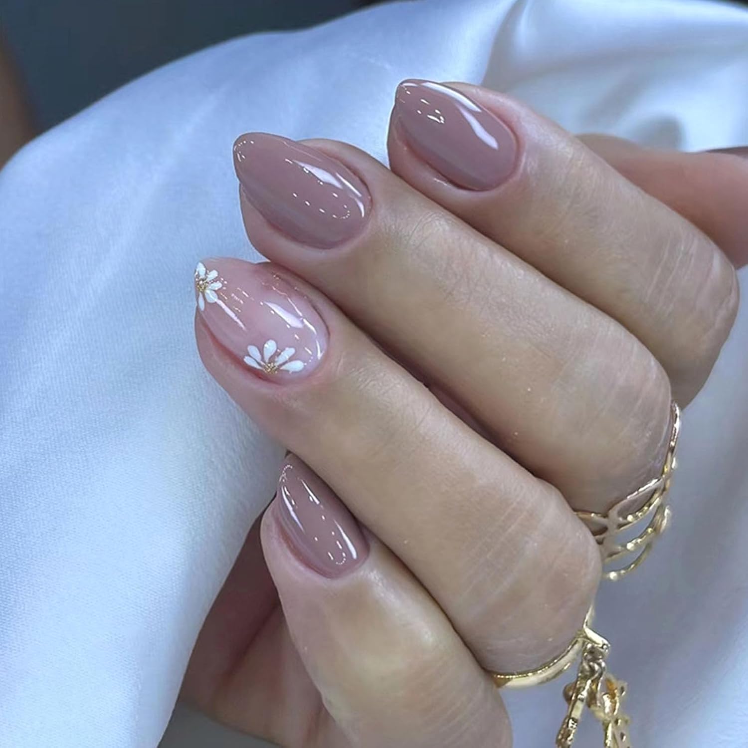 Short Press On Almond Fake Nails - Flower Acrylic Fall Nails Press Ons Full Cover Glue On Cute False Floral Stick On Nails for Women - 30 Pcs : Beauty & Personal Care