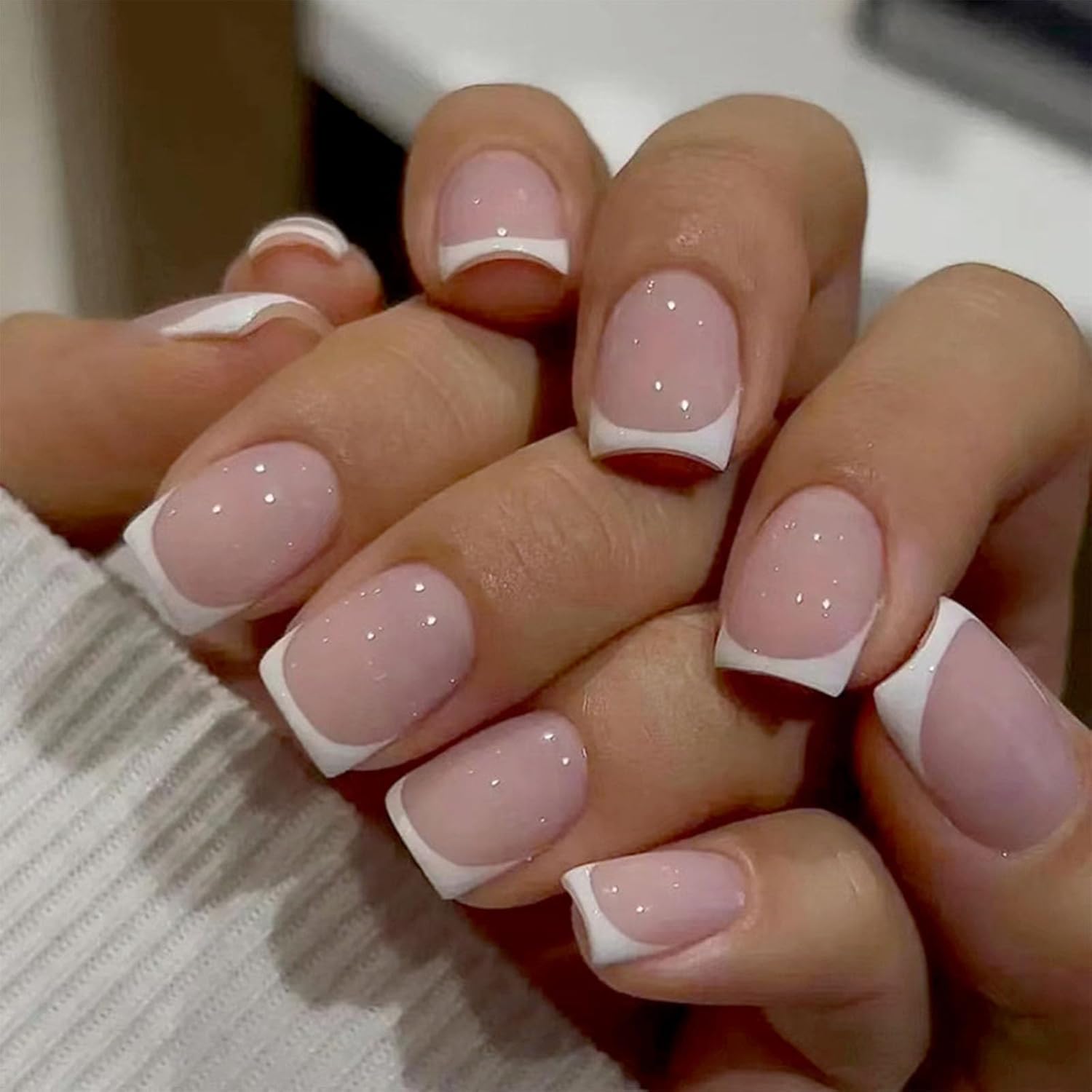 Short Press on Nails Square Nude Ombre Fake Nails Press ons White Glue Stick on Nails with Designs Full Cover Acrylic Glossy Artificial Cute False Nail for Women Girls 24 Pcs : Beauty & Personal Care