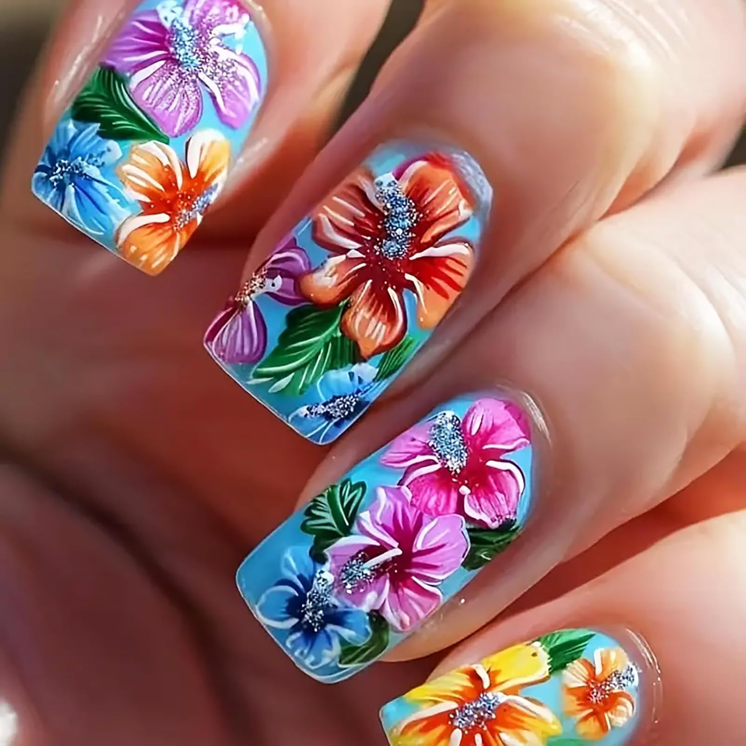 24Pcs Colorful Flower Press-On Nails - Short. Square. Fake. Spring-Summer Nail Art Set. Light Pink Acrylic. Full Cover Glossy False Nails for Women & Girls : Beauty & Personal Care