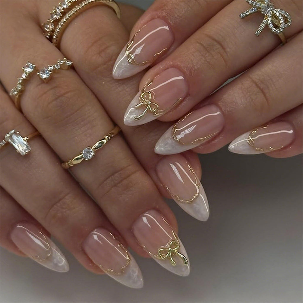 24pcs White French Tip Press on Nails Medium Almond Fake Nails with 3D Bow Acrylic Nails Design Gold Line Stick on Nails French False Nails Kit Full Cover Glue on Nails for Women Nail Decoration : Beauty & Personal Care