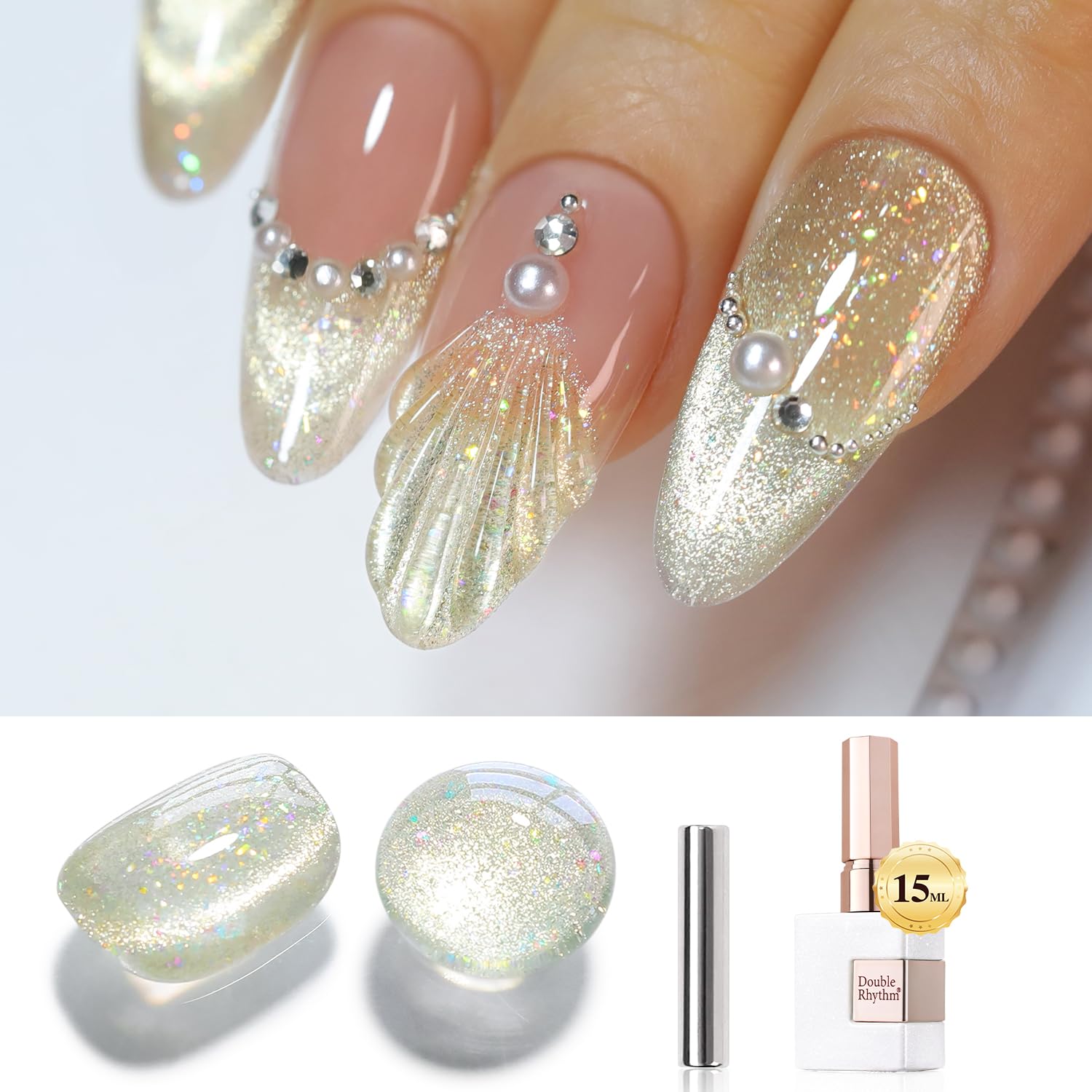 Double Rhythm 0.5 OZ Cat Eye Gel Polish with Magnet 15ML Holographic Glitter Shimmer Translucent Jelly Color Magnetic Polish Salon DIY at Home (Silver-MC1019) : Beauty & Personal Care