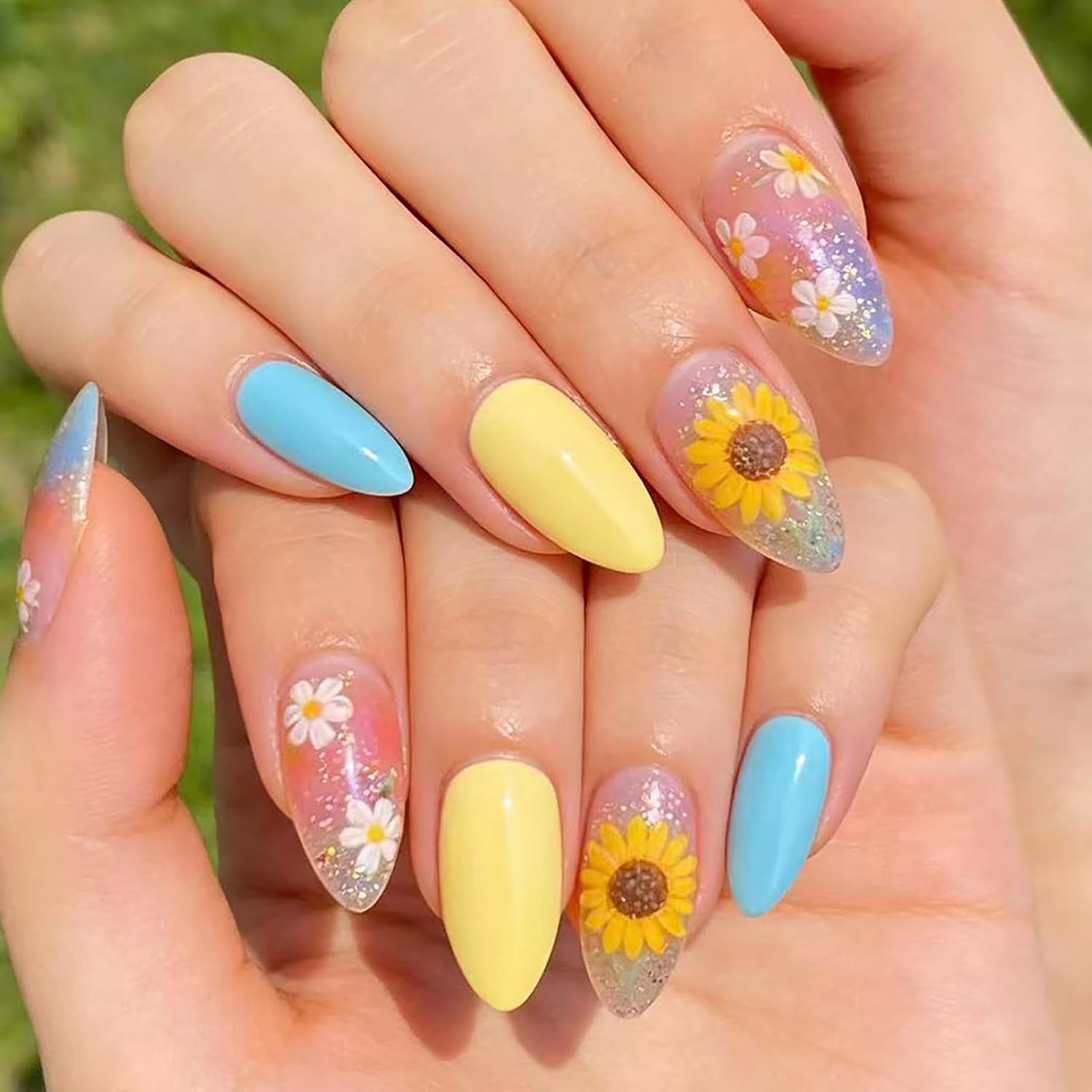 24Pcs Colorful Flower Press-On Nails - Short. Square. Fake. Spring-Summer Nail Art Set. Light Pink Acrylic. Full Cover Glossy False Nails for Women & Girls : Beauty & Personal Care