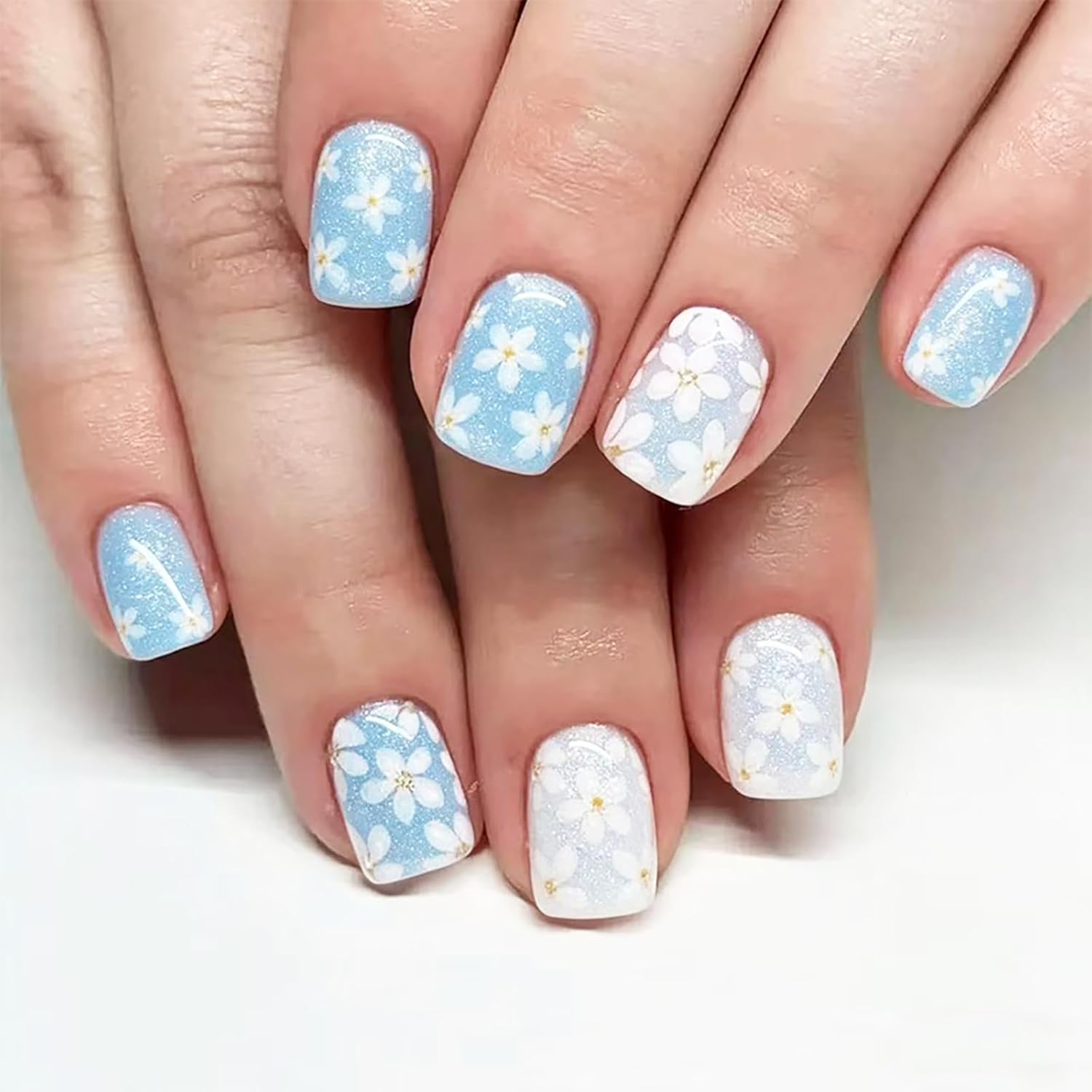 24Pcs Colorful Flower Press-On Nails - Short. Square. Fake. Spring-Summer Nail Art Set. Light Pink Acrylic. Full Cover Glossy False Nails for Women & Girls : Beauty & Personal Care