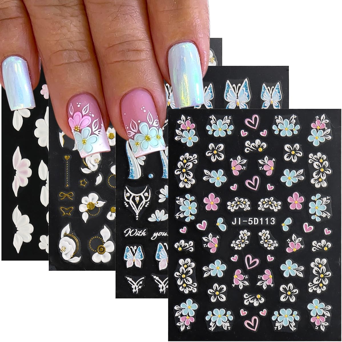 Fcozpjk 5D Embossed White Flowers Nail Stickers. 5 Sheets Self-Adhesive Floral Nail Decals. Spring Rose Butterfly Nail Art. 3D Acrylic Flowers for Manicure Decor : Beauty & Personal Care