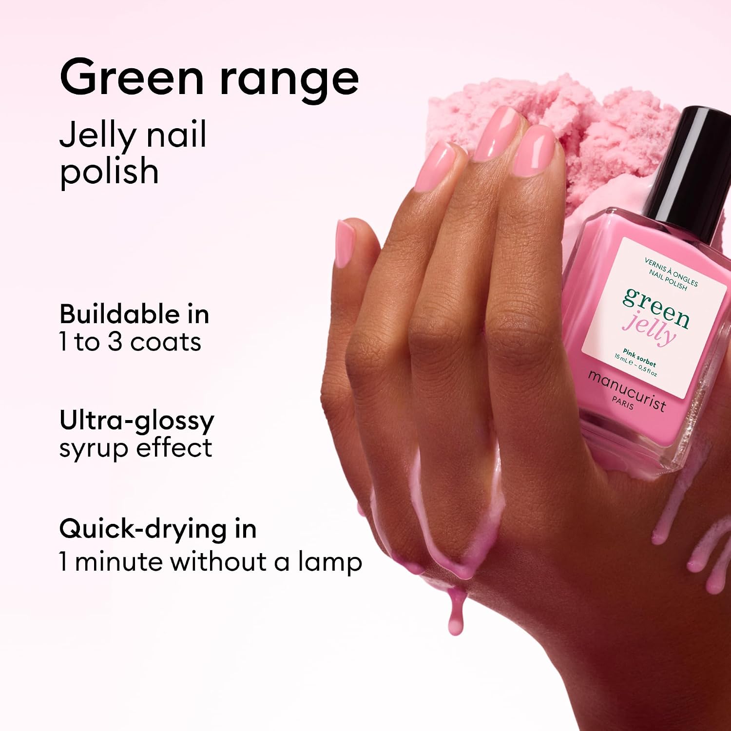 Manucurist - Pink Sorbet Green™ Jelly Nail Polish - Pink Sheer Nail Polish. Glossy Effect - 82.5% Natural Origin Ingredients - Vegan & Made in France - 0.5 fl oz : Beauty & Personal Care