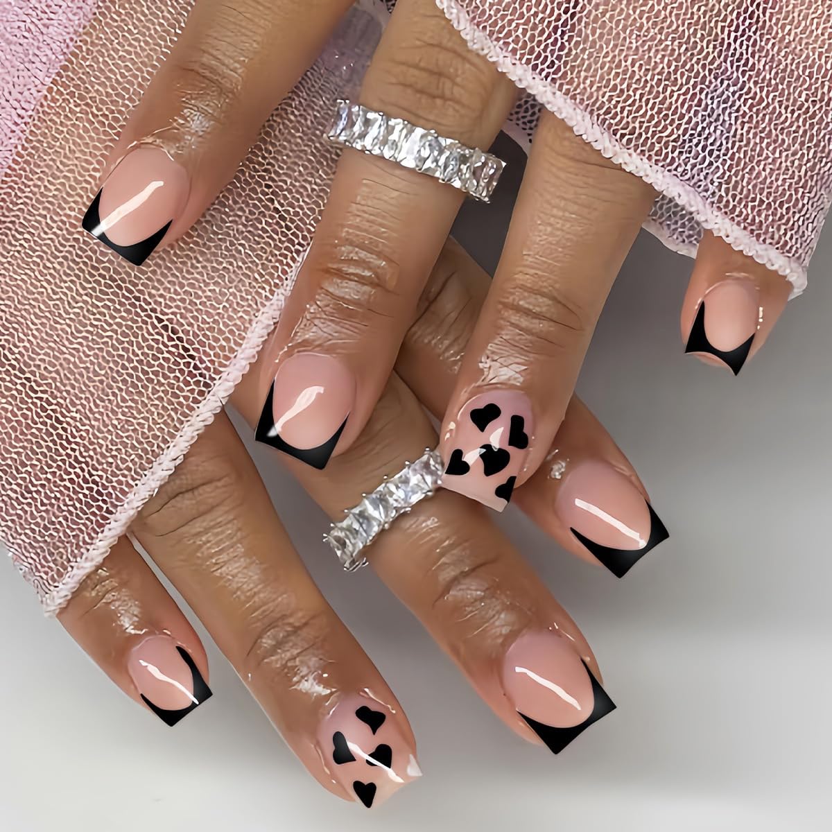 CTTHNBD Medium Press on Nails Coffin - Black French Tip Fake Nails with Bow Charms Design - Heart False Nails Press ons - for Women 24 Pcs : Beauty & Personal Care