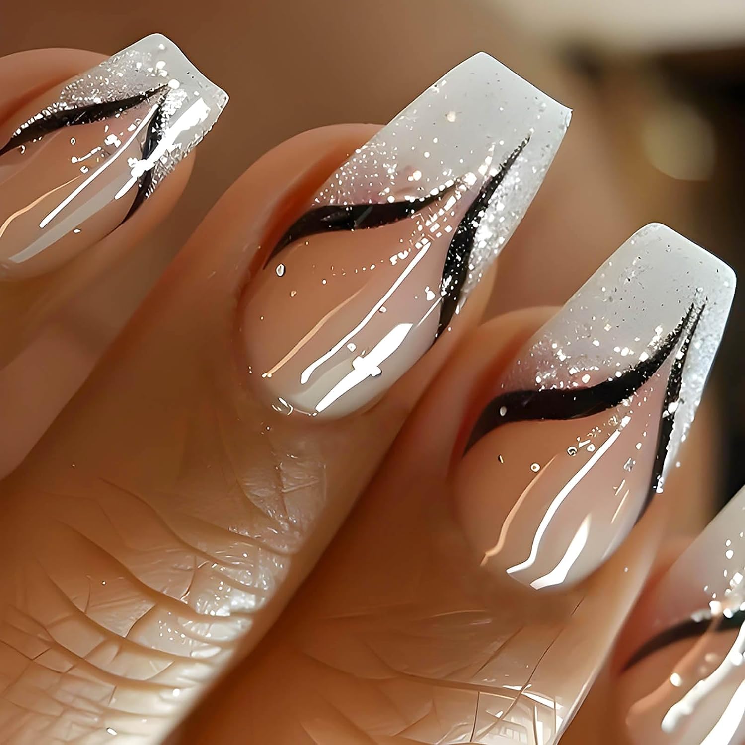 RUOKEXIN Heart Press On Nails Medium Square Fake Nails Glitter Glossy Acrylic False Nails with Rhinestones Designs Ombre Pink Full Cover Press Ons Fall Winter Holiday Stick on Nails for Women 24Pcs : Beauty & Personal Care