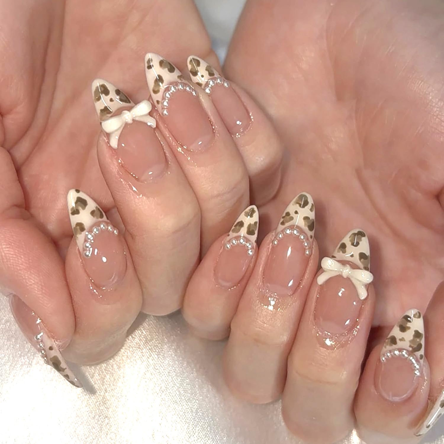 YKZFUI French Tip Press on Nails with Charms. Medium. Cute Bow. Long Square Shape. Acrylic Fake Stick On Nails with Heart and Rhinestones for Women Daily Wear. White : Beauty & Personal Care